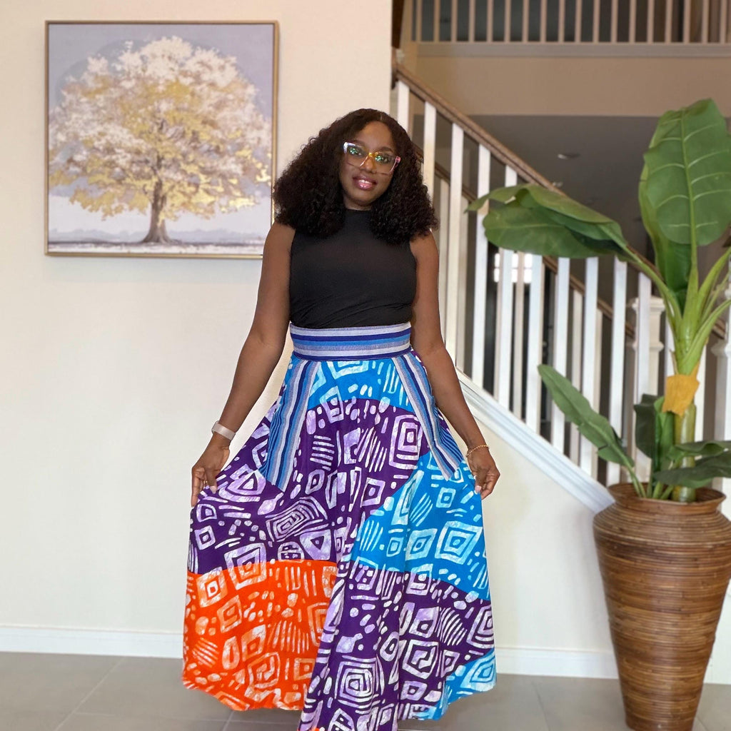 African Ankara Maxi Skirt | High Waist Patchwork Print, Pockets