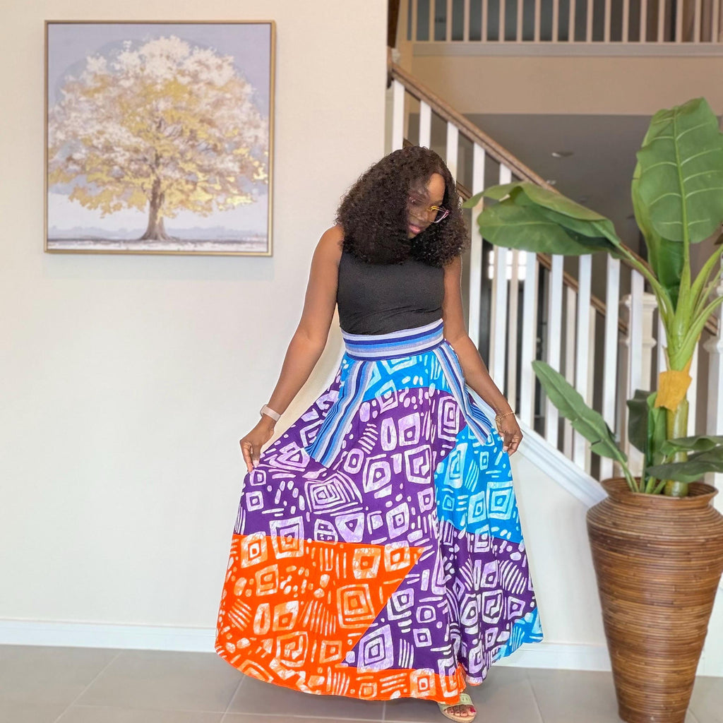 African Ankara Maxi Skirt | High Waist Patchwork Print, Pockets