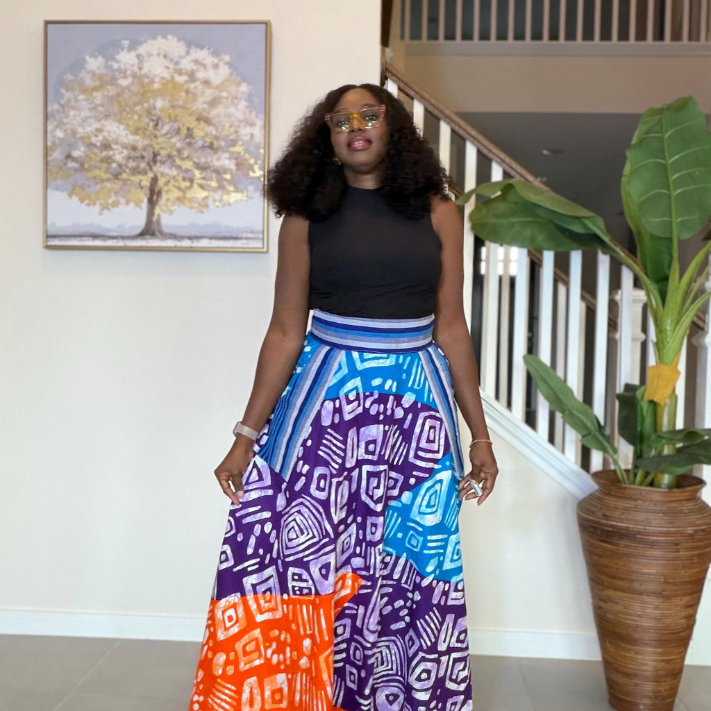 African Ankara Maxi Skirt | High Waist Patchwork Print, Pockets