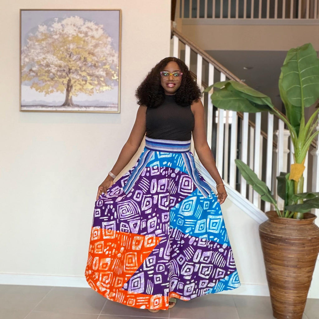 African Ankara Maxi Skirt | High Waist Patchwork Print, Pockets