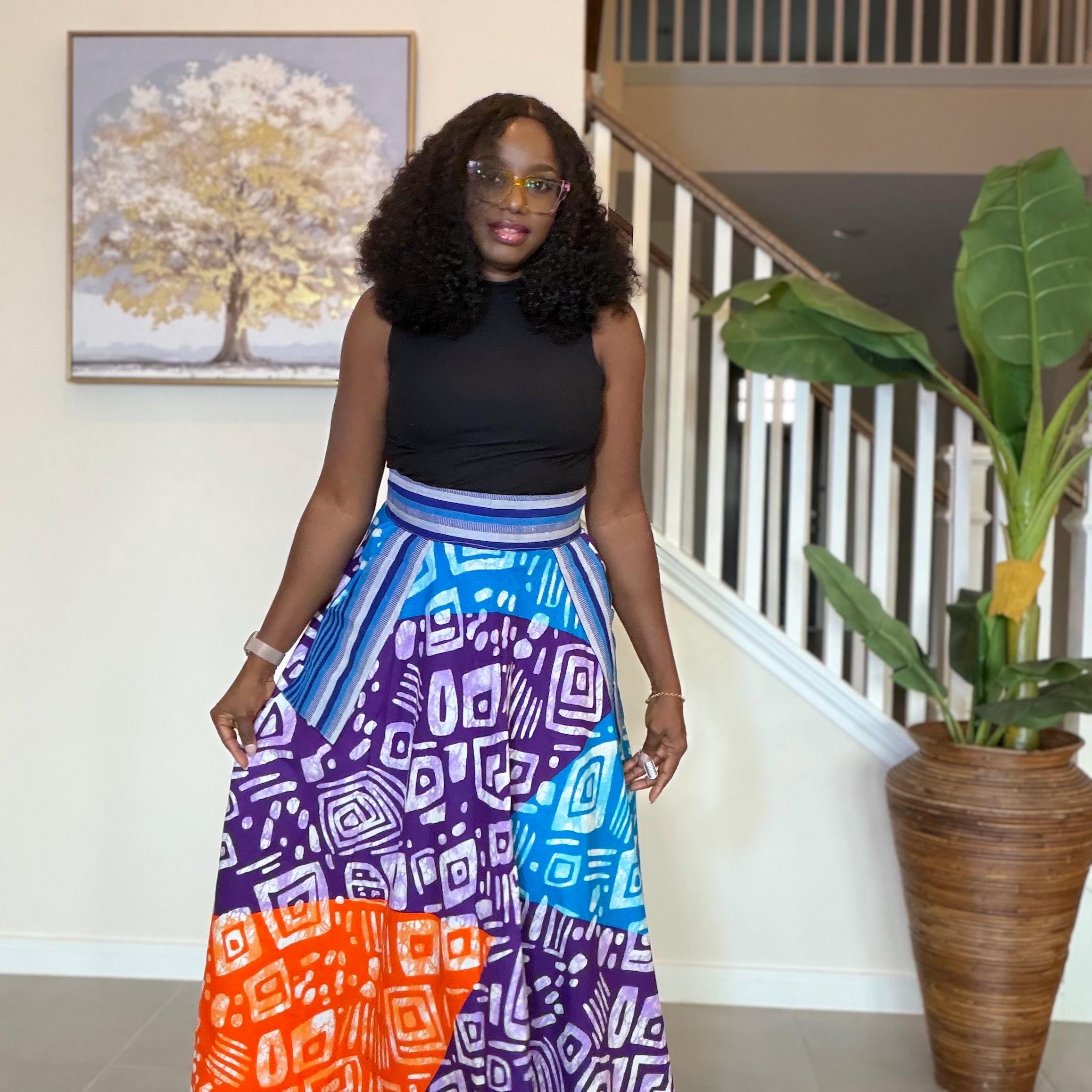 African Ankara Maxi Skirt | High Waist Patchwork Print, Pockets