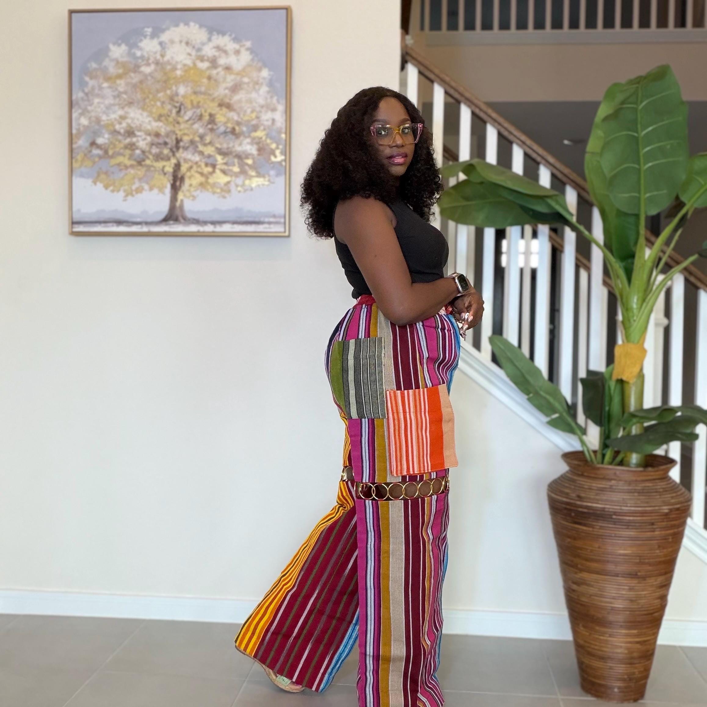 Statement Aso Oke Palazzo Pants – Afrocentric Festival Wear with Gold Accents