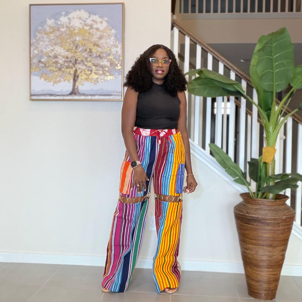 Statement Aso Oke Palazzo Pants – Afrocentric Festival Wear with Gold Accents