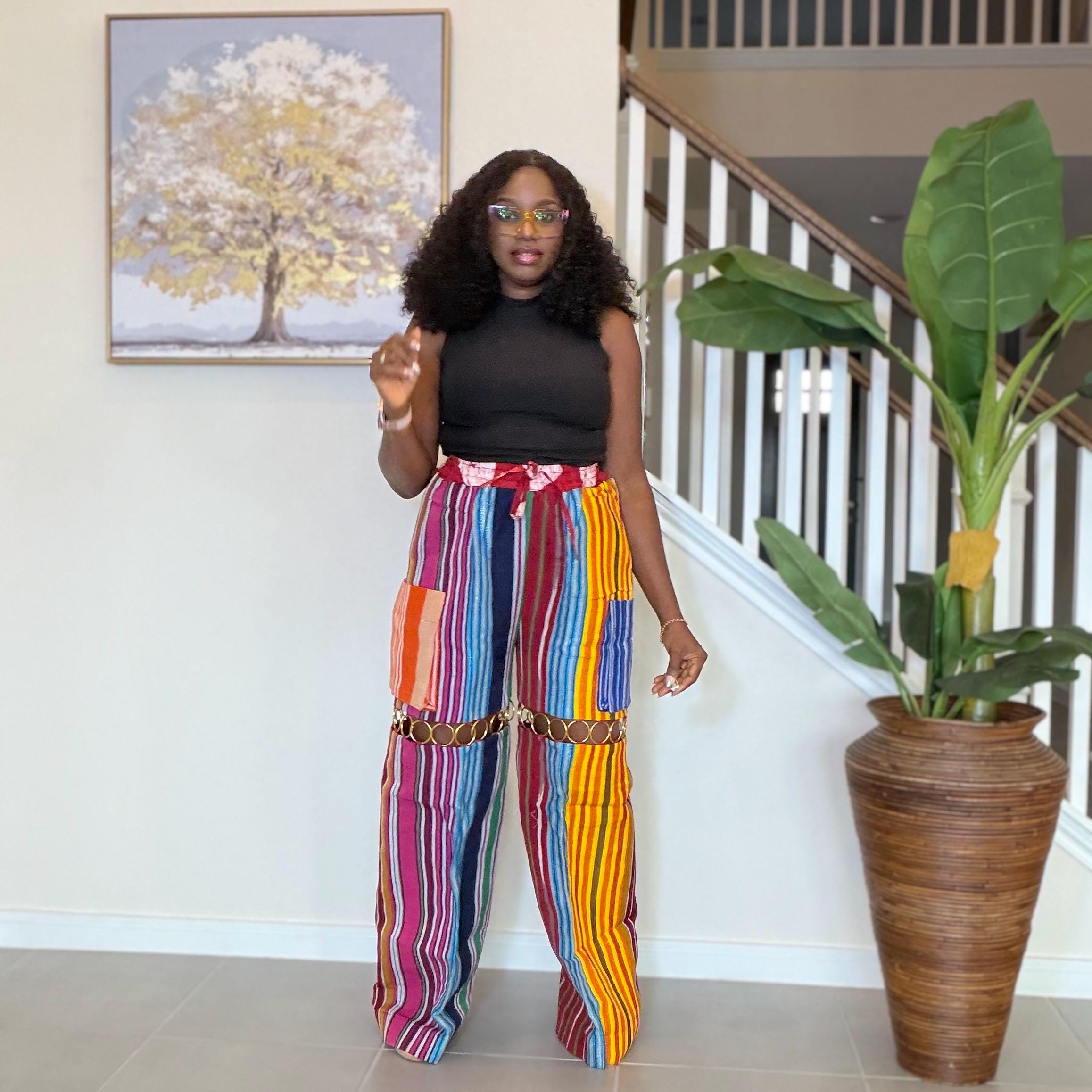 Statement Aso Oke Palazzo Pants – Afrocentric Festival Wear with Gold Accents
