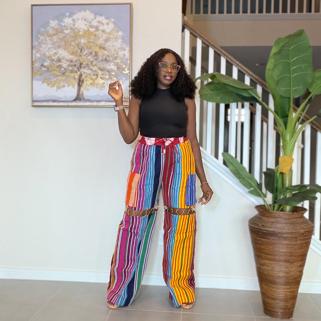 Statement Aso Oke Palazzo Pants – Afrocentric Festival Wear with Gold Accents