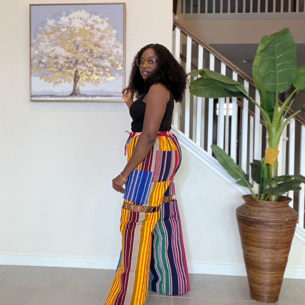 Statement Aso Oke Palazzo Pants – Afrocentric Festival Wear with Gold Accents