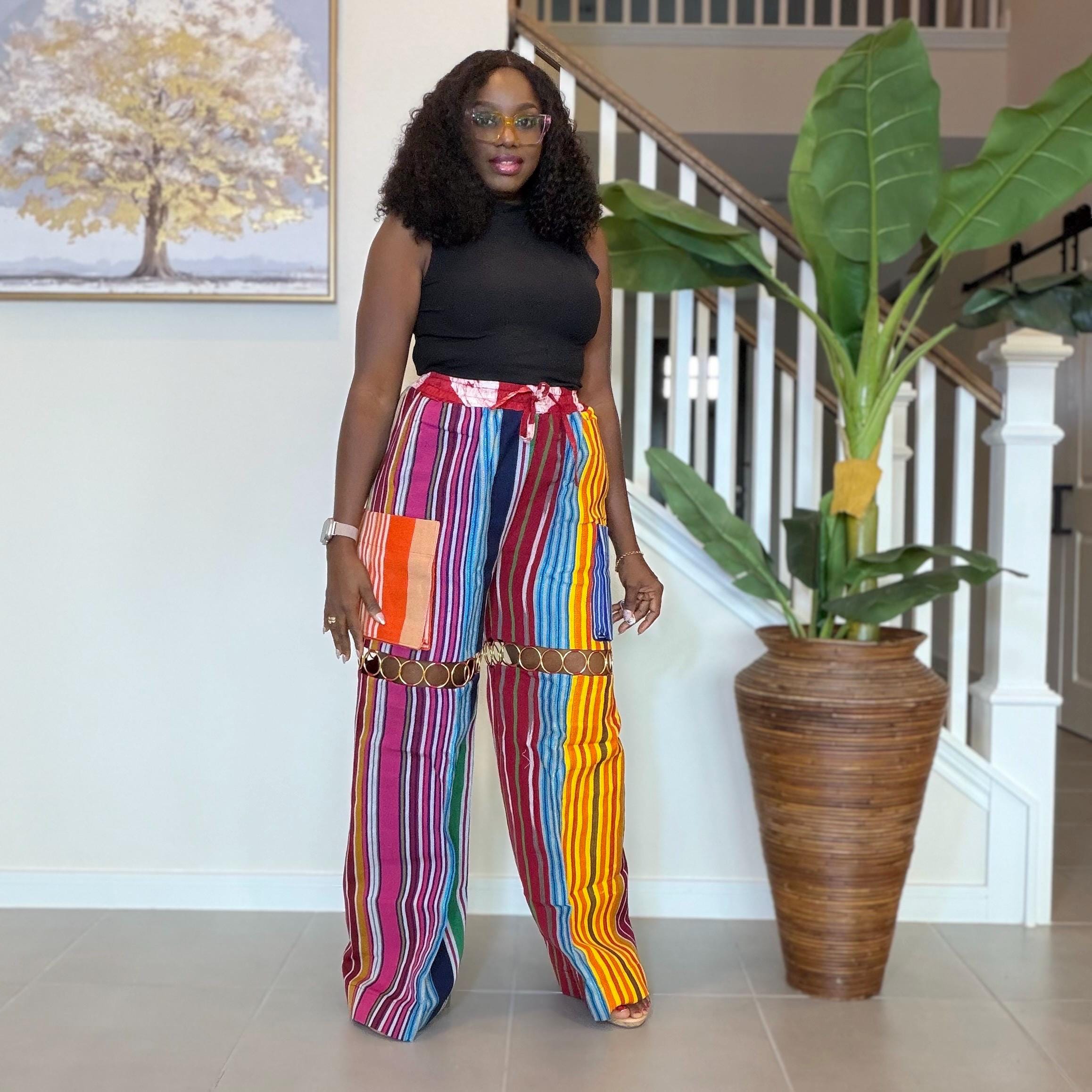 Statement Aso Oke Palazzo Pants – Afrocentric Festival Wear with Gold Accents