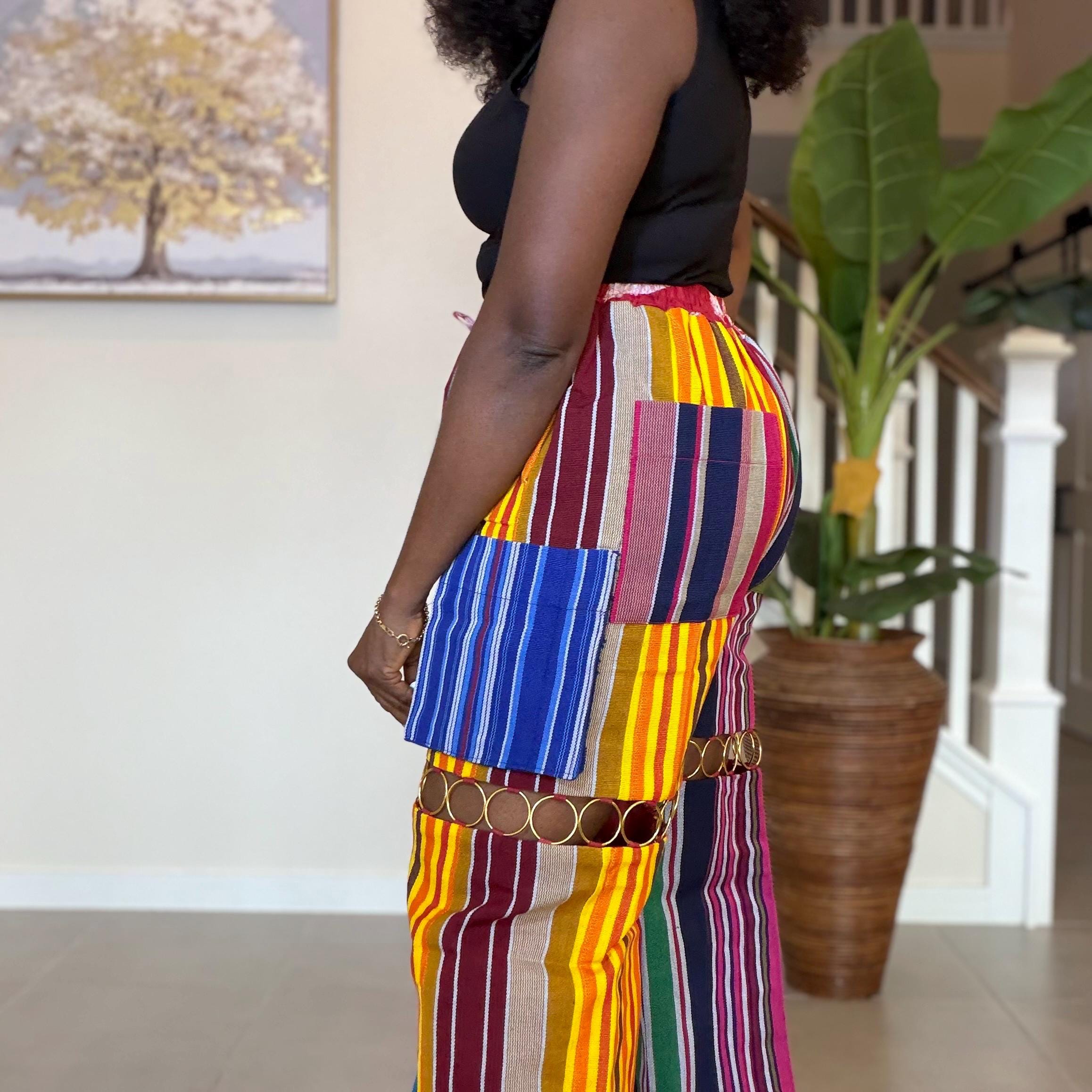 Statement Aso Oke Palazzo Pants – Afrocentric Festival Wear with Gold Accents