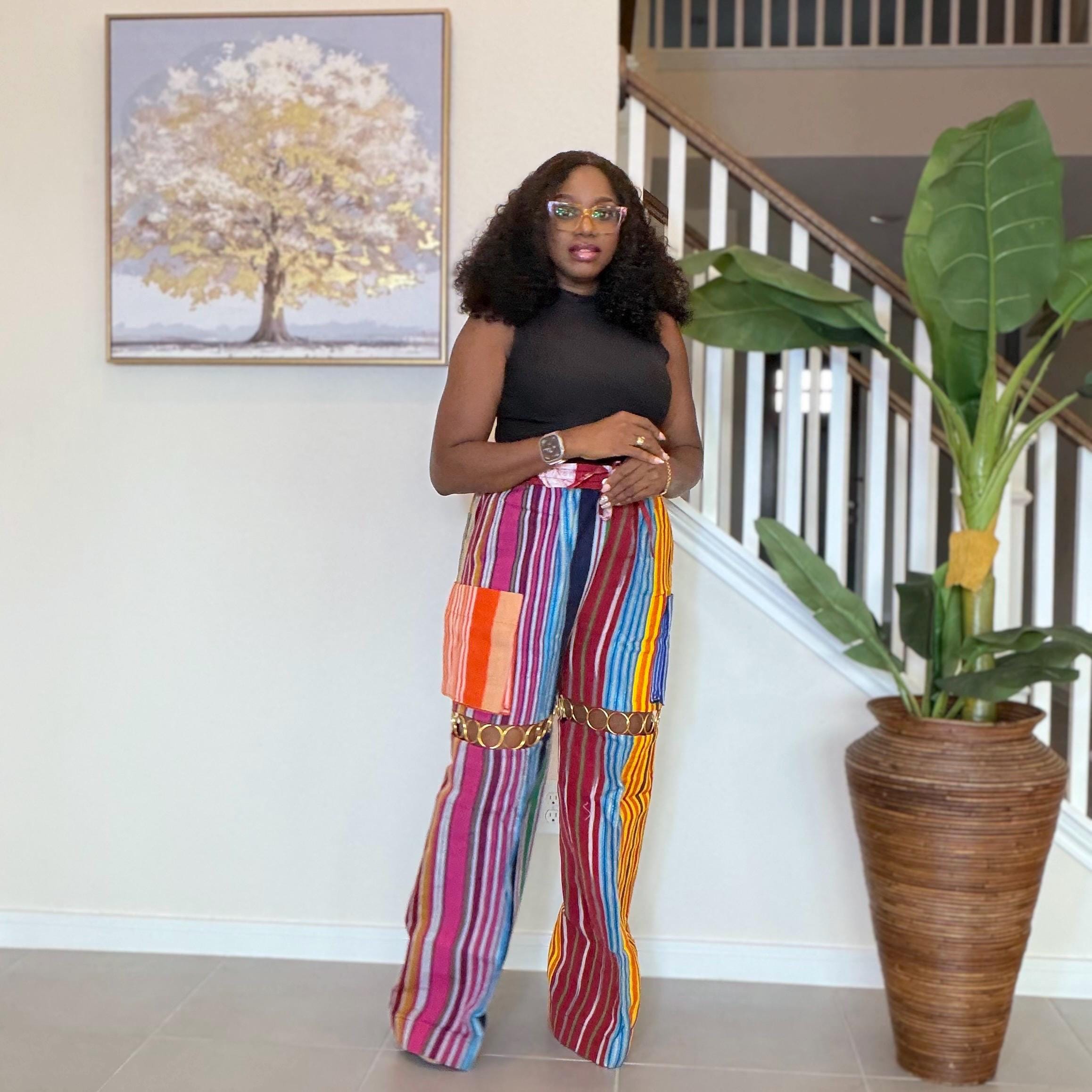 Statement Aso Oke Palazzo Pants – Afrocentric Festival Wear with Gold Accents