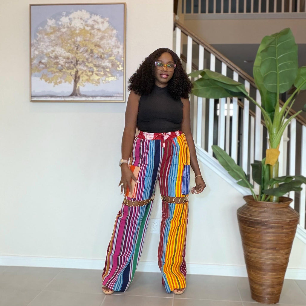 Statement Aso Oke Palazzo Pants – Afrocentric Festival Wear with Gold Accents