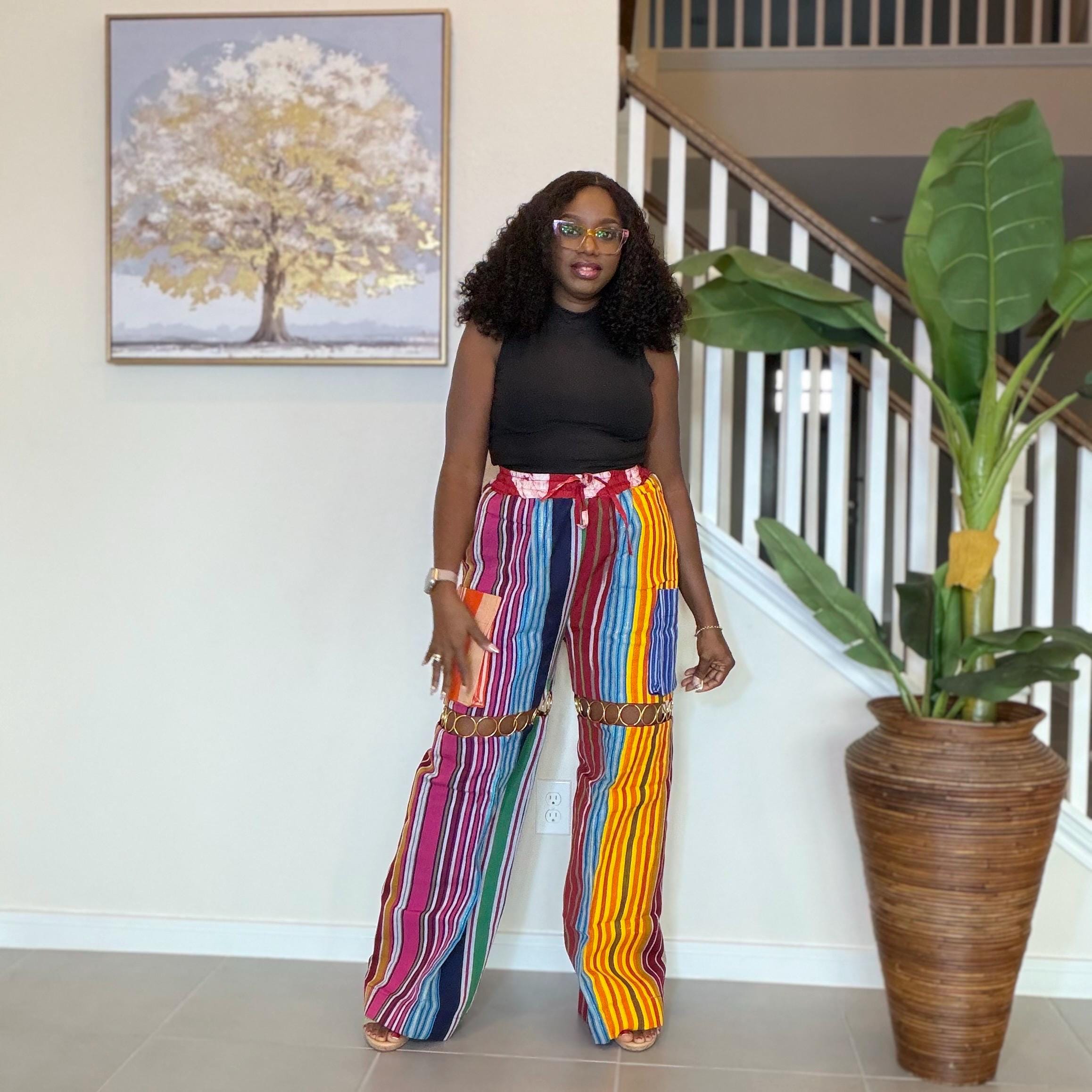 Statement Aso Oke Palazzo Pants – Afrocentric Festival Wear with Gold Accents