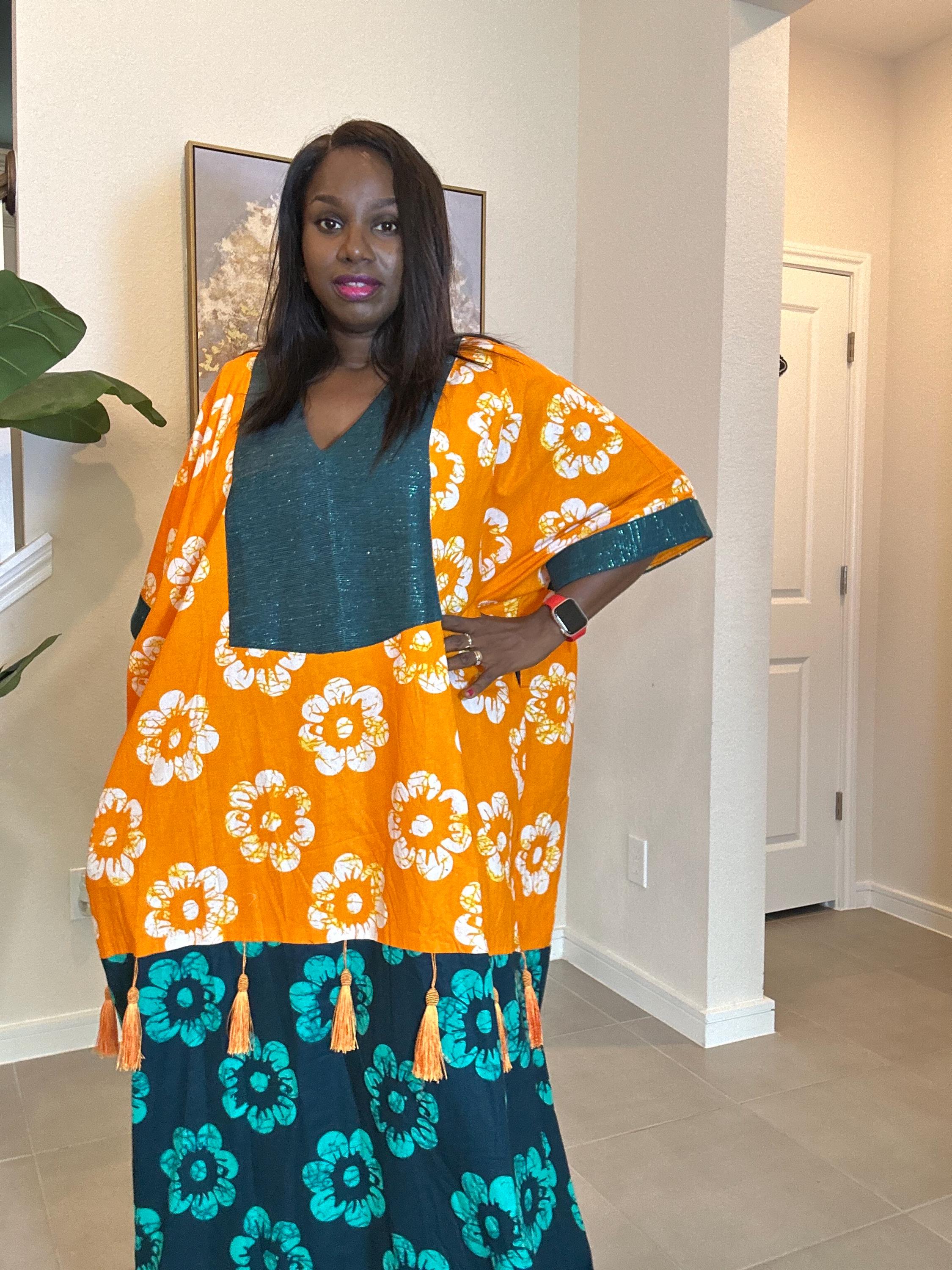 Handmade Ankara Kaftan Dress: Orange Teal Floral Print Maxi Boubou