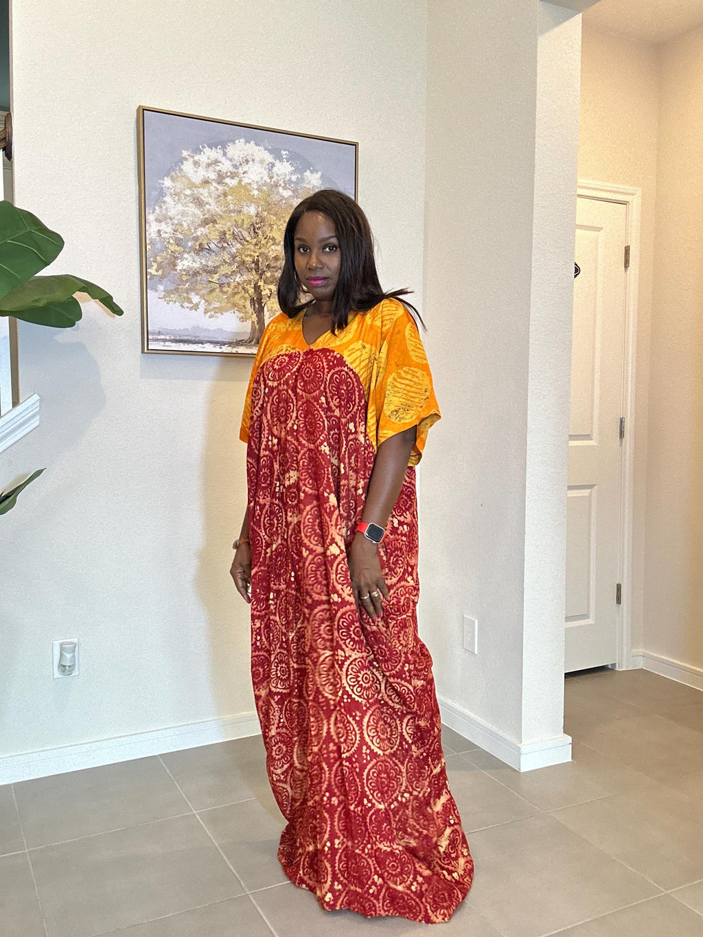 African Adire Kaftan Dress, Red Yellow Batik Cotton Maxi Boubou