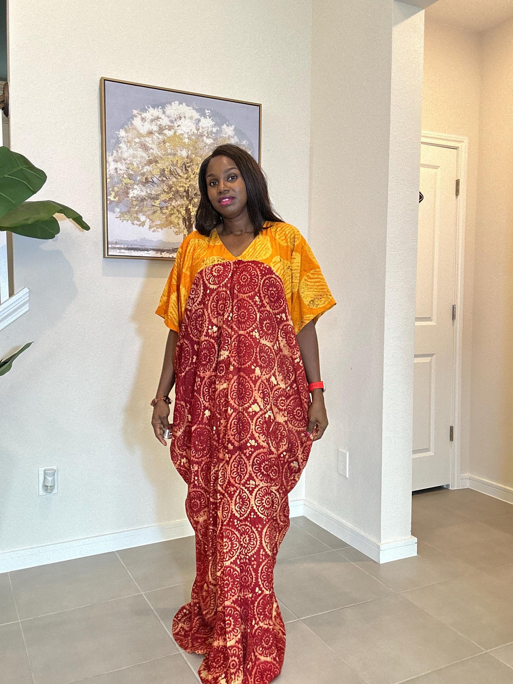 African Adire Kaftan Dress, Red Yellow Batik Cotton Maxi Boubou