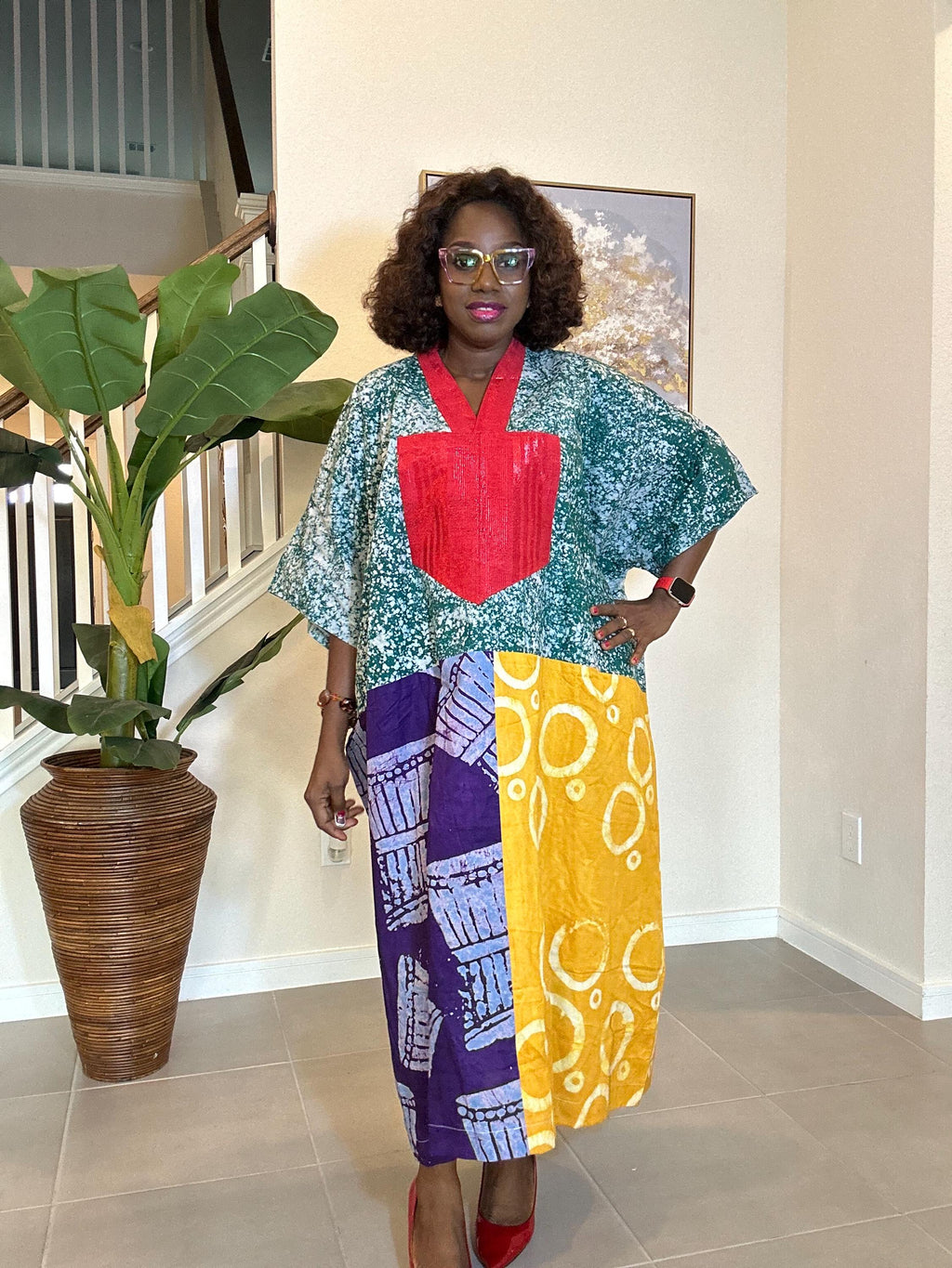 Patchwork Adire Dress: African Print Kaftan, Boho Summer Midi Dress