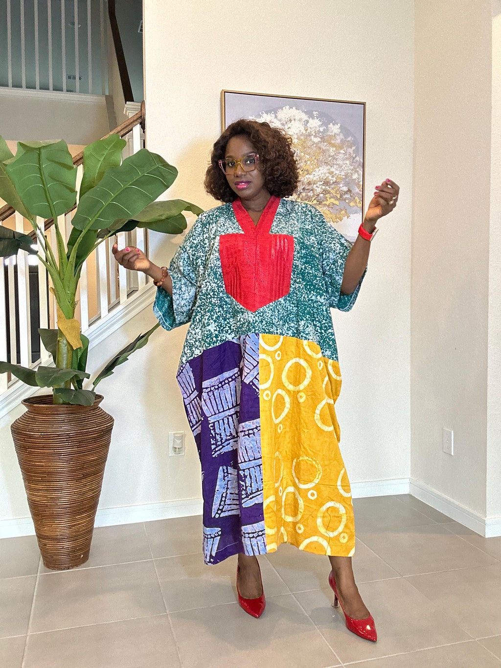 Patchwork Adire Dress: African Print Kaftan, Boho Summer Midi Dress