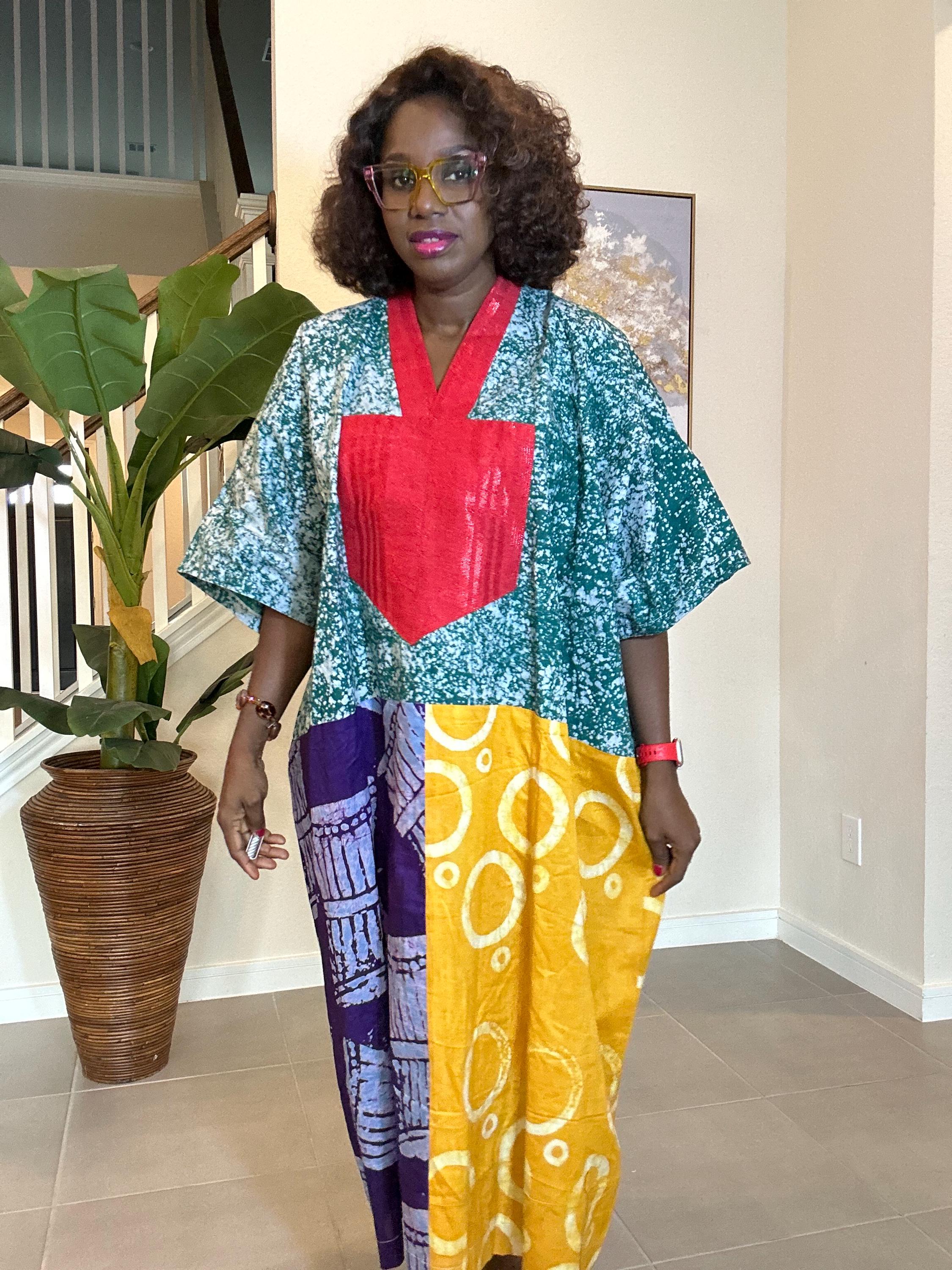 Patchwork Adire Dress: African Print Kaftan, Boho Summer Midi Dress