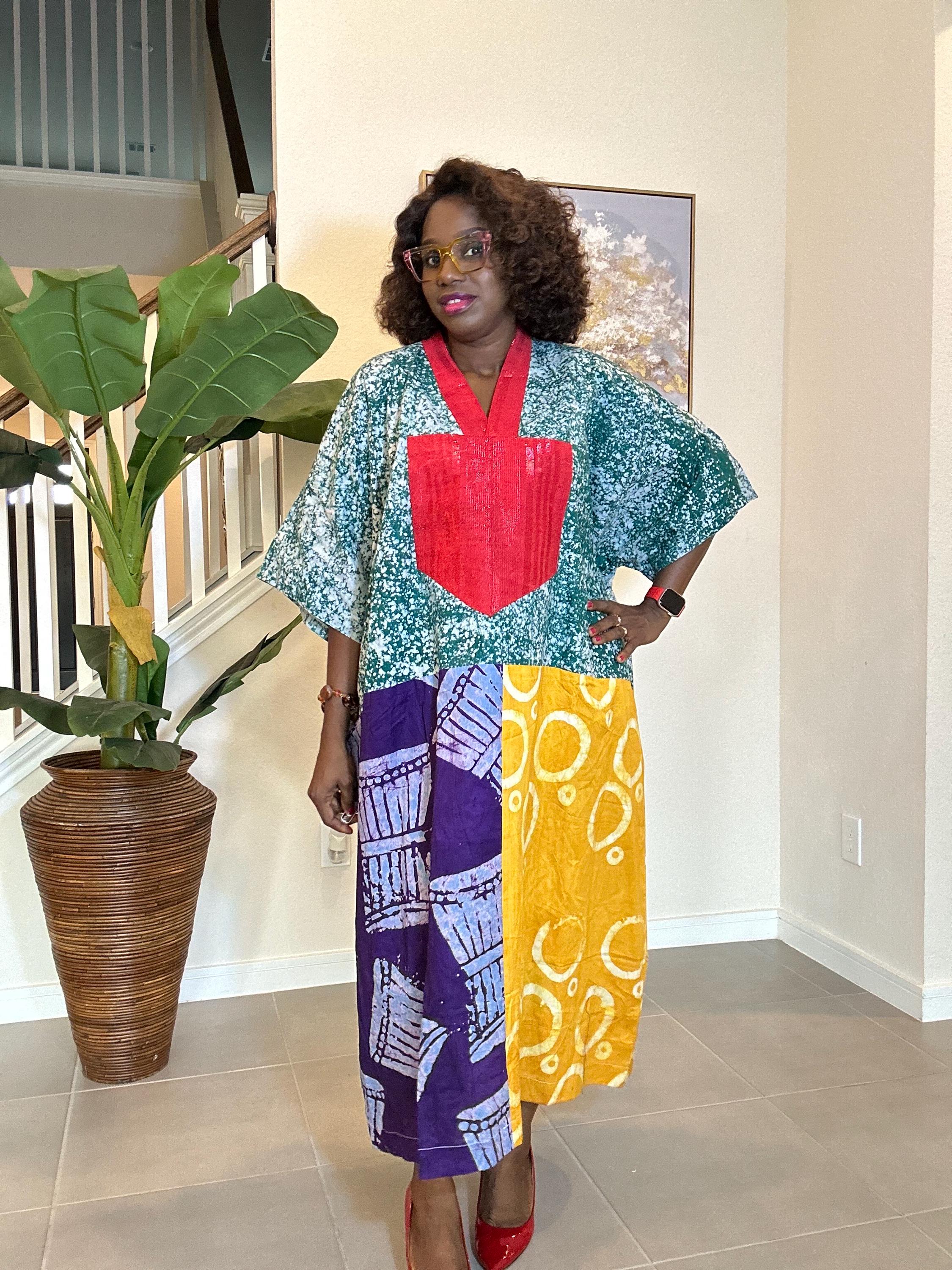Patchwork Adire Dress: African Print Kaftan, Boho Summer Midi Dress