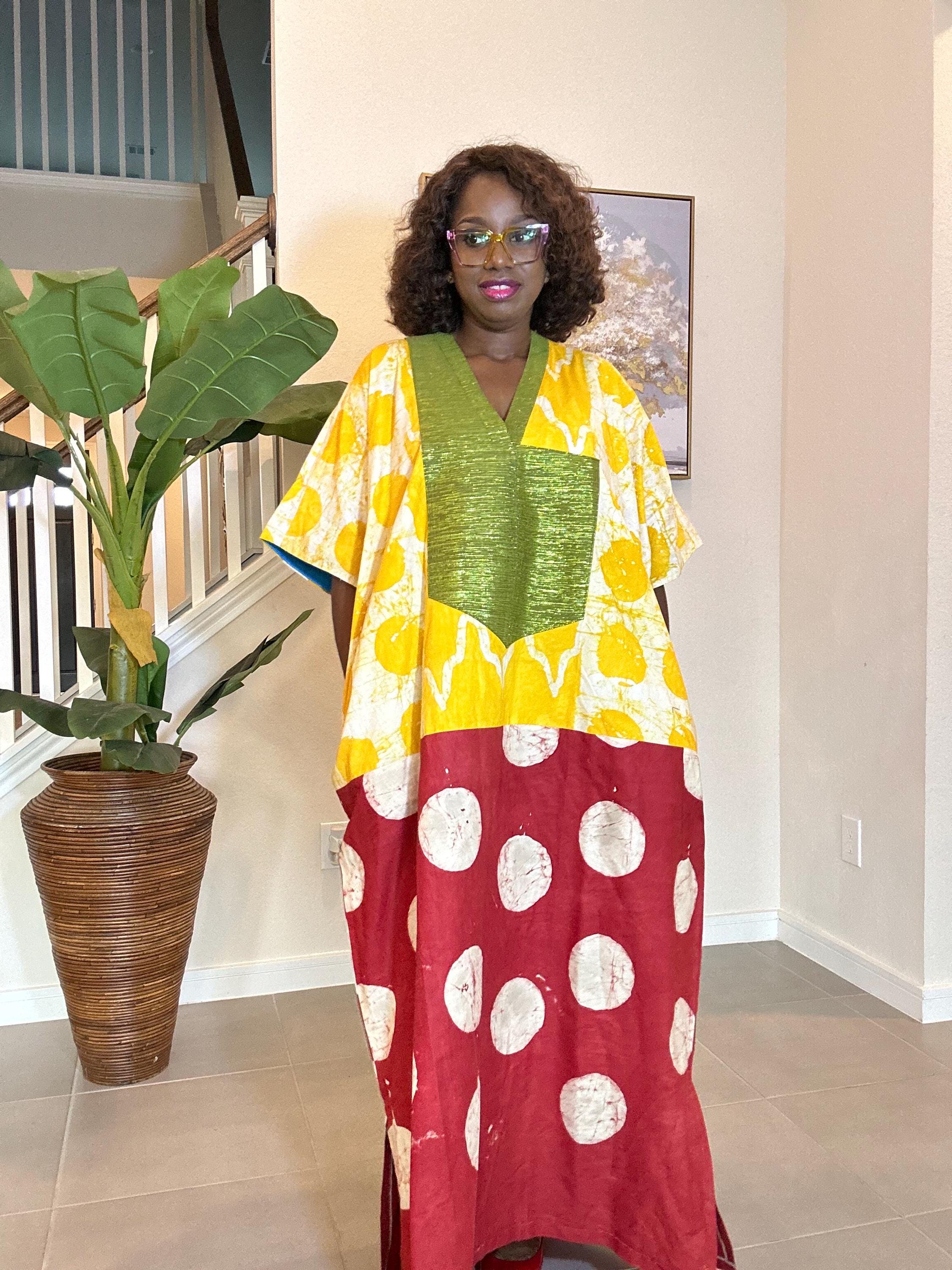 Patchwork Adire Dress: African Print Kaftan, Boho Summer Midi Dress