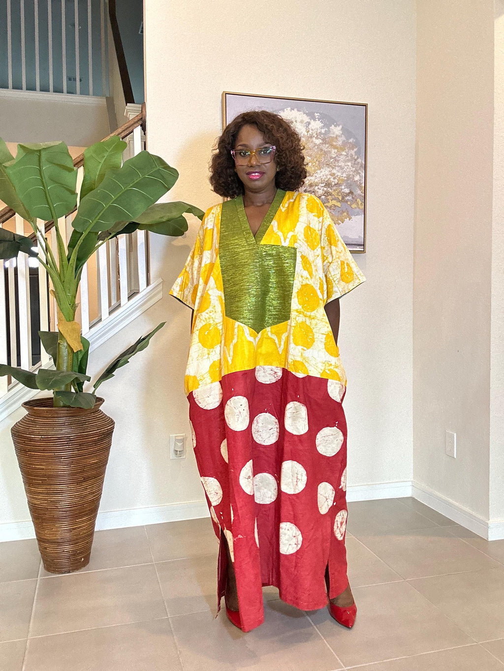 Patchwork Adire Dress: African Print Kaftan, Boho Summer Midi Dress