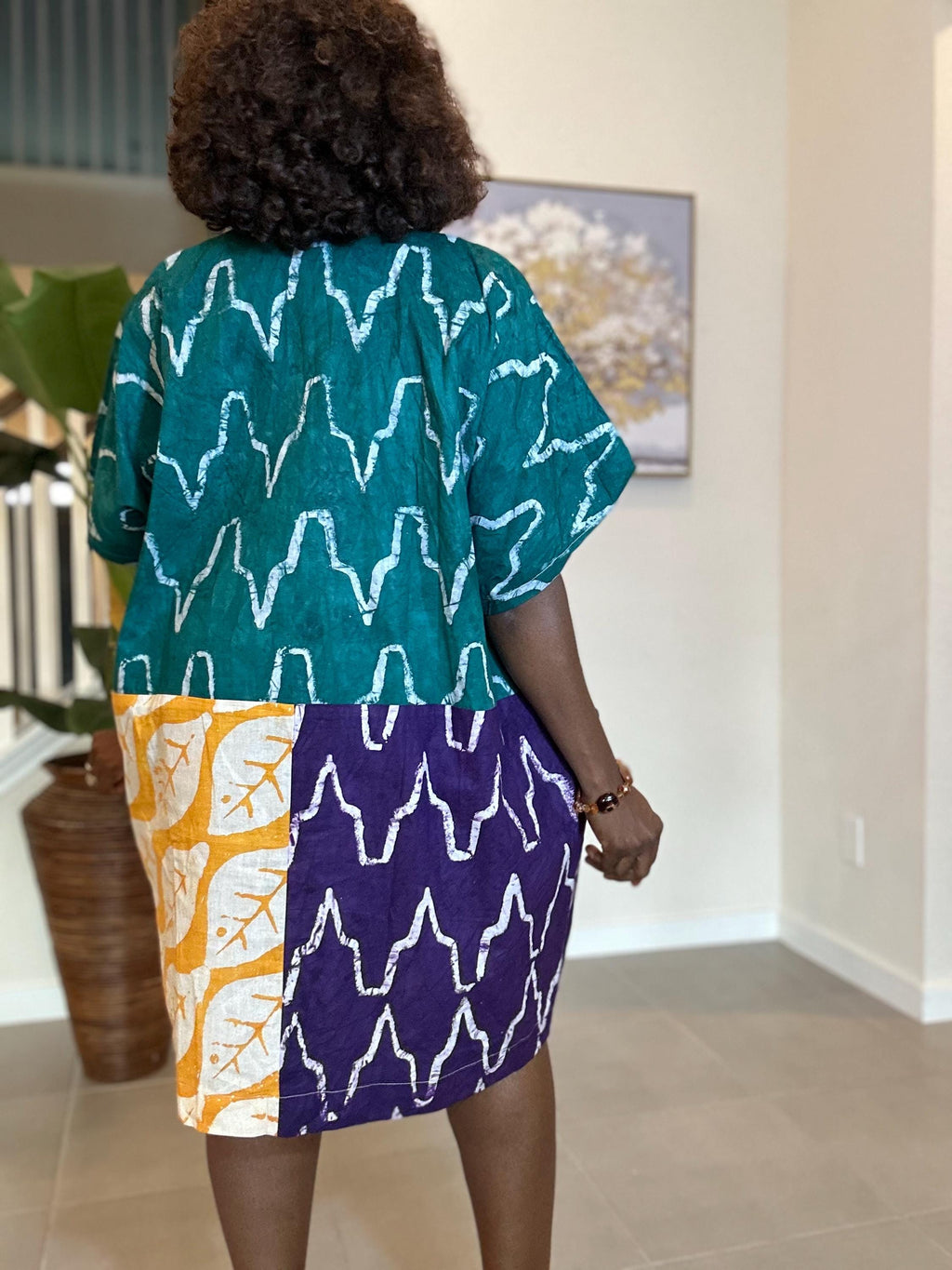 Patchwork Adire Dress: African Print Kaftan, Boho Summer Short Dress