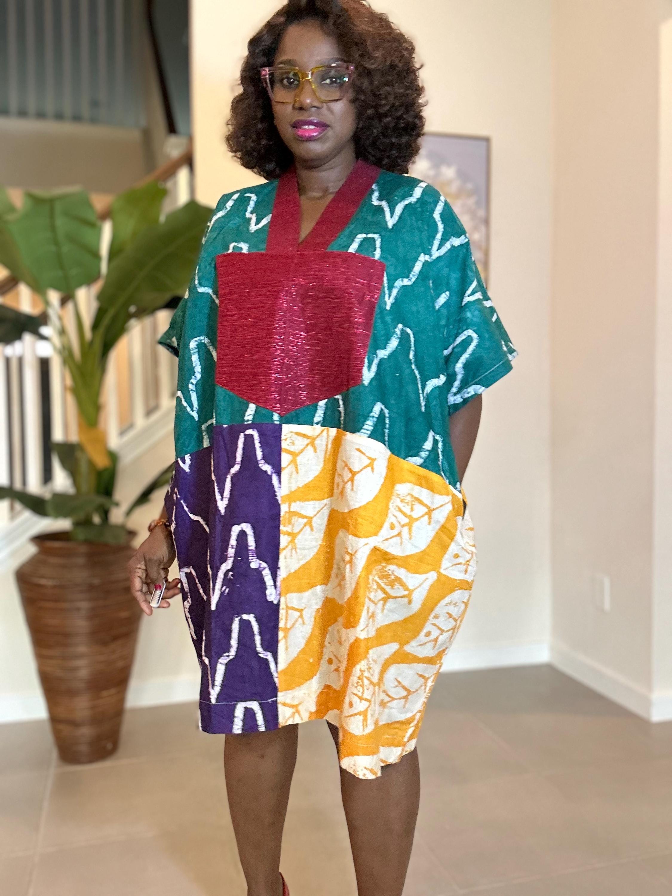 Patchwork Adire Dress: African Print Kaftan, Boho Summer Short Dress