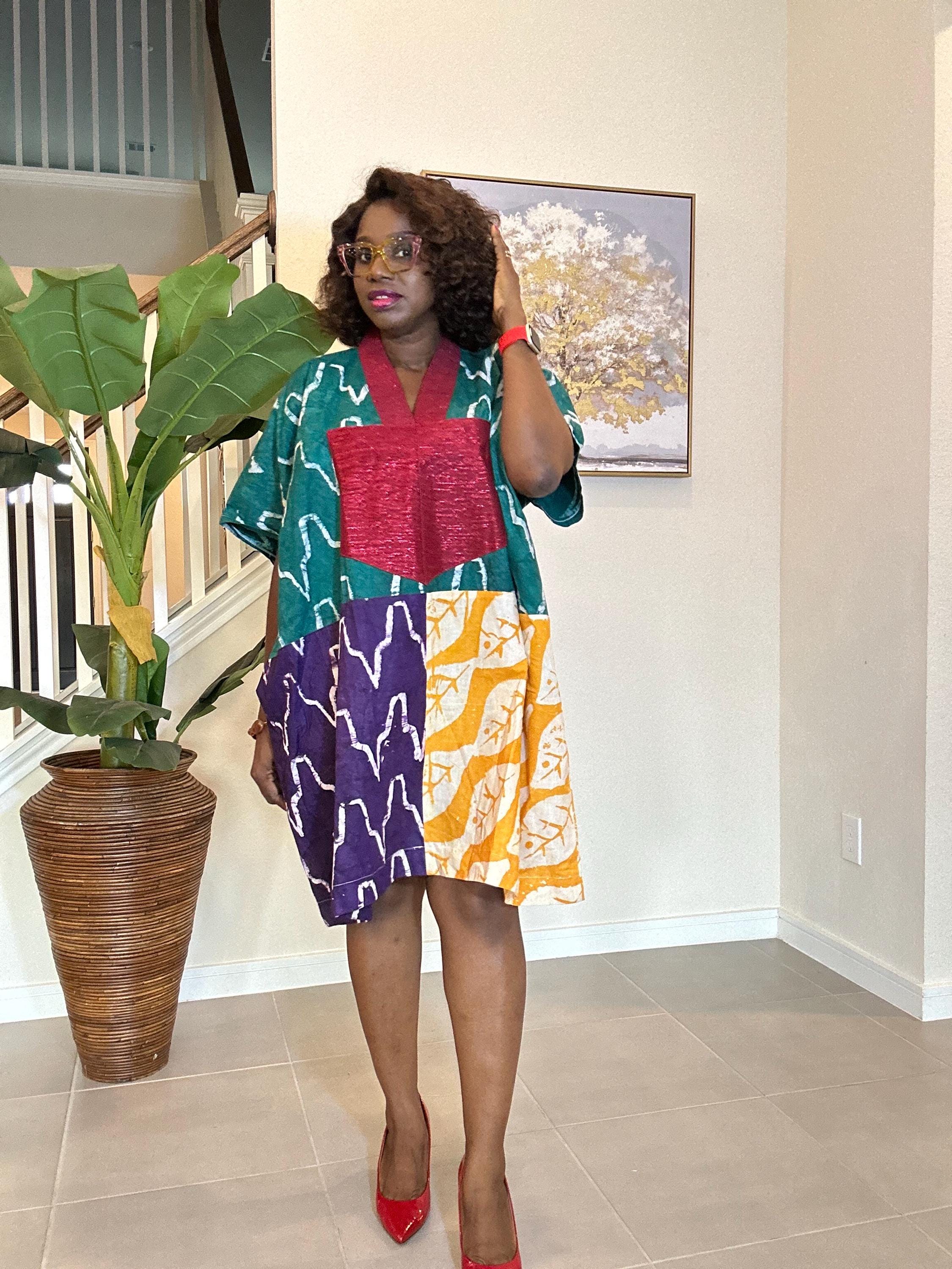 Patchwork Adire Dress: African Print Kaftan, Boho Summer Short Dress