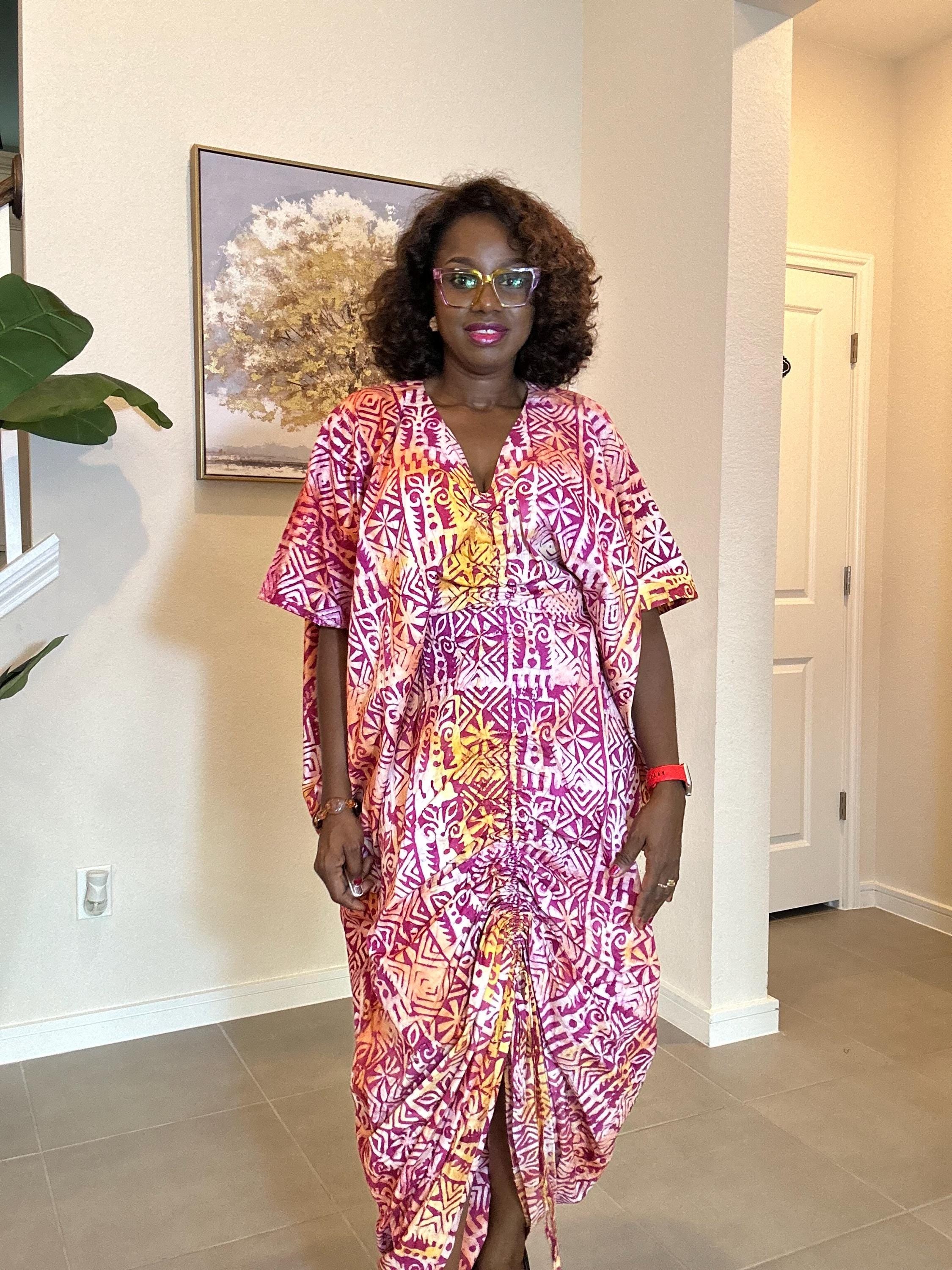 Adire Kaftan Dress – Handmade African Batik Maxi Dress with Drawstring Detail | Boho Afrocentric Fashion for Women, Nigerian fashion