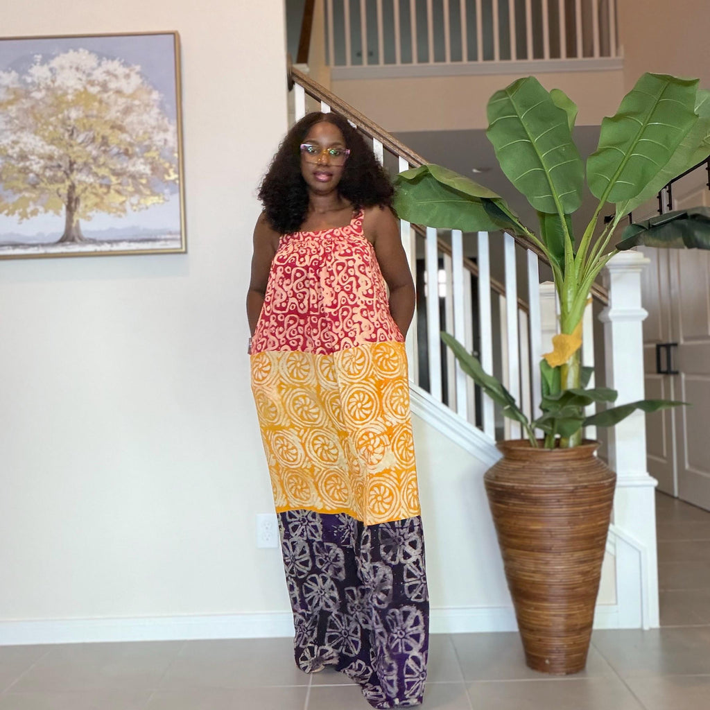 Handmade Adire Maxi Dress: African Print Sleeveless Boho Summer Style