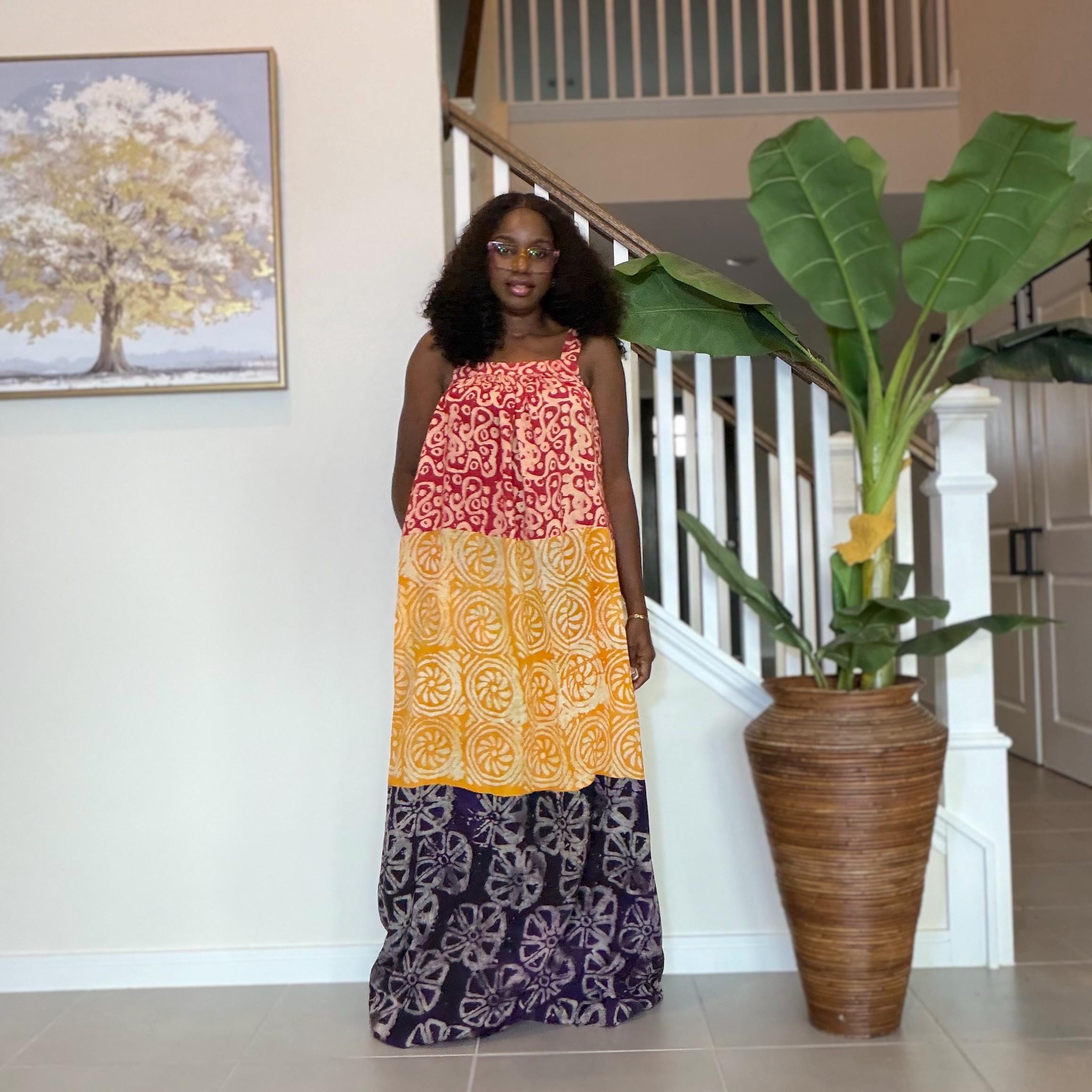 Handmade Adire Maxi Dress: African Print Sleeveless Boho Summer Style