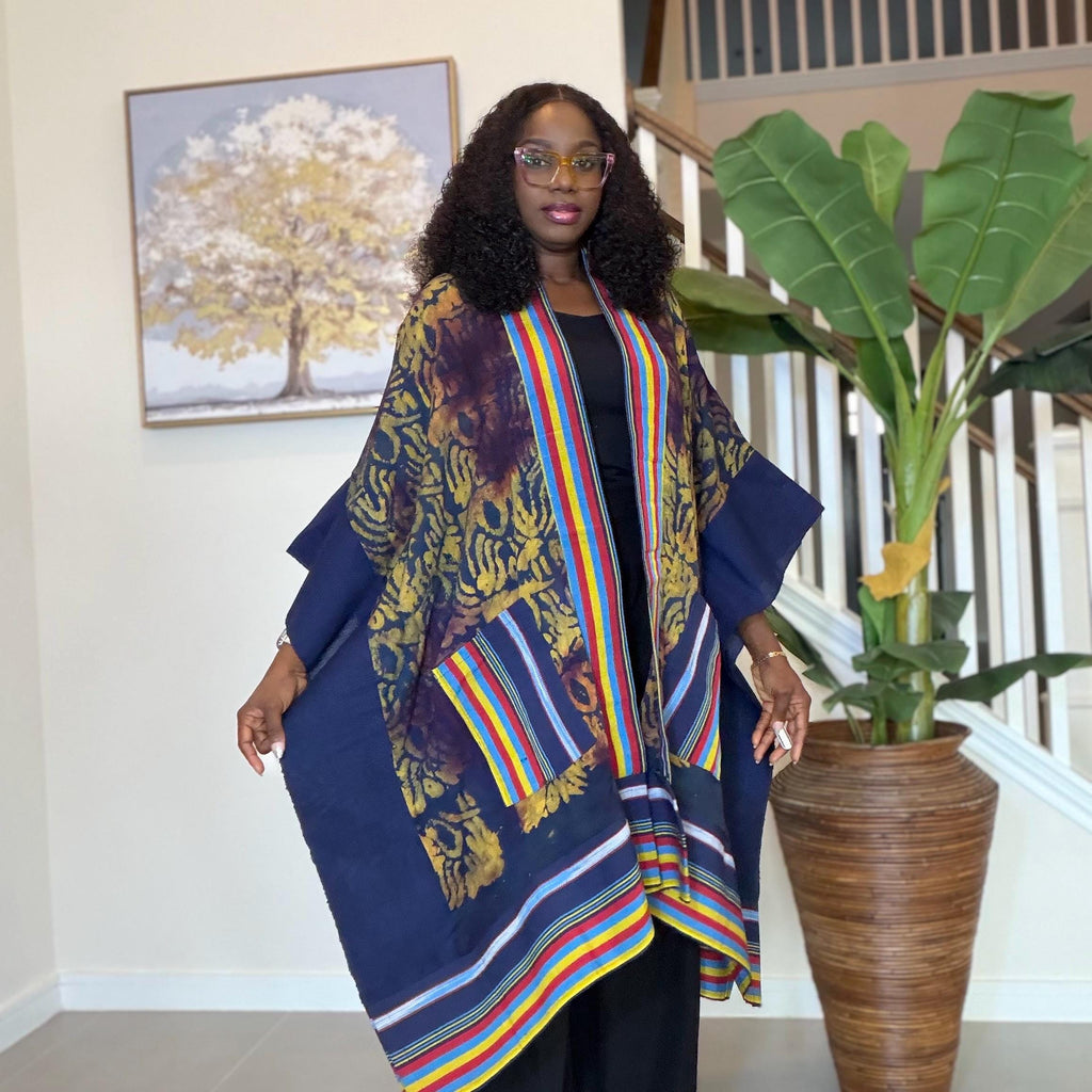 Handmade African Adire Aso Oke Kimono: Boho Print Robe