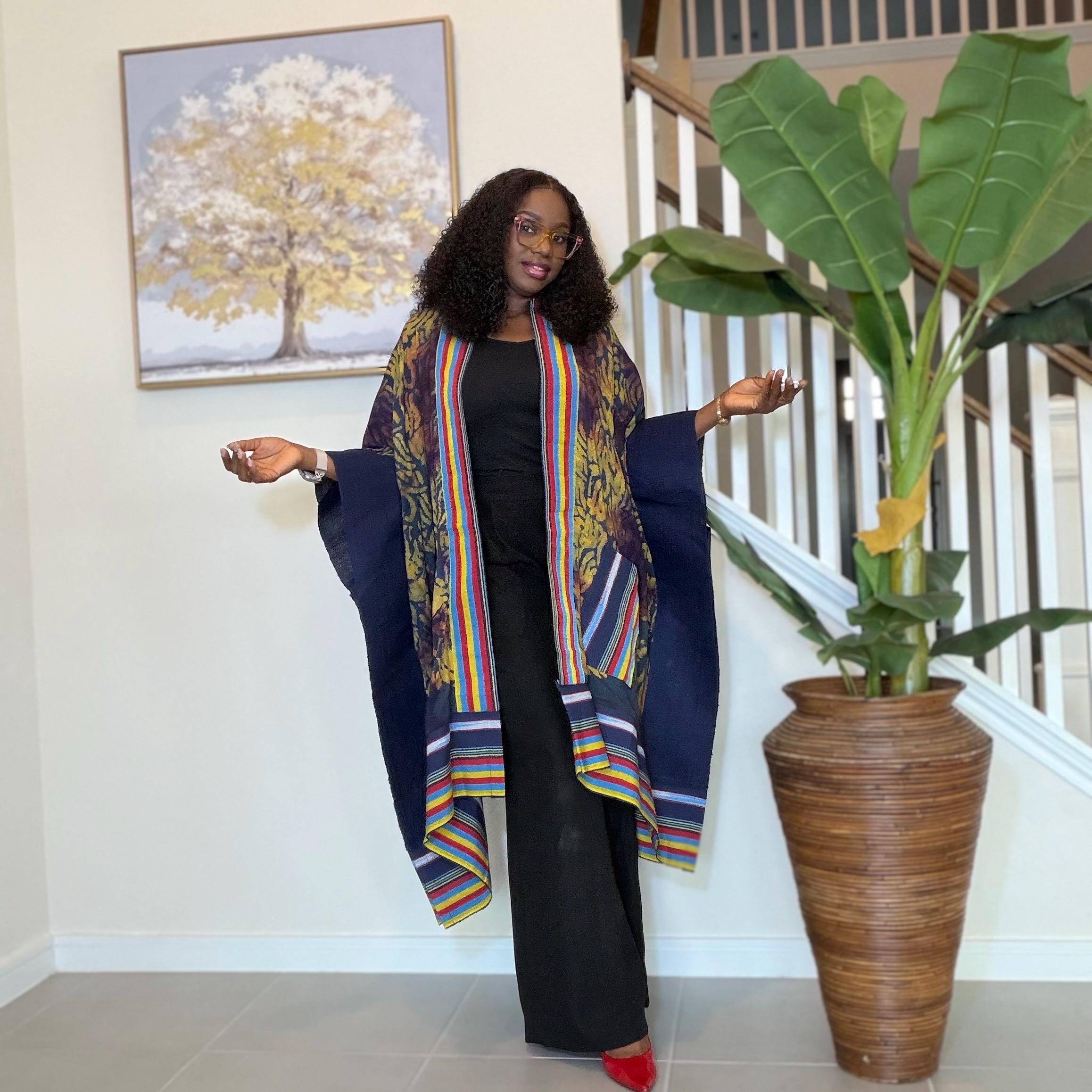 Handmade African Adire Aso Oke Kimono: Boho Print Robe
