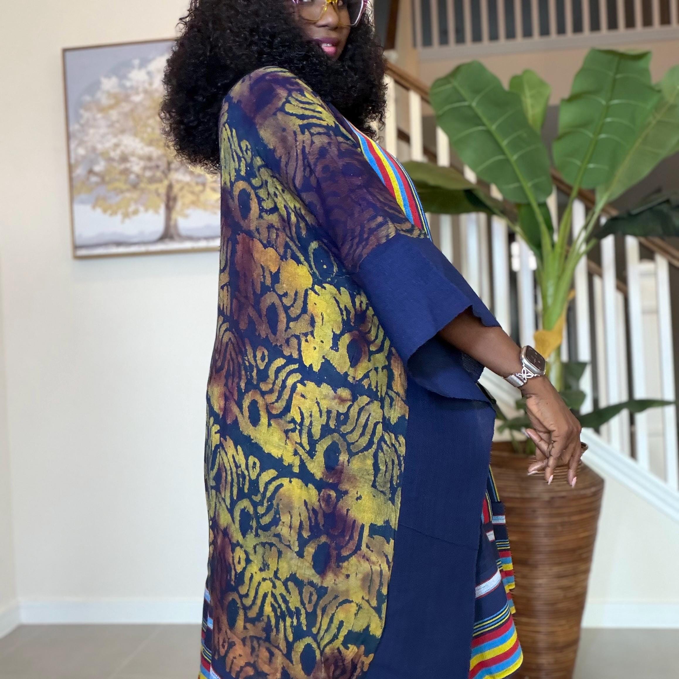 Handmade African Adire Aso Oke Kimono: Boho Print Robe