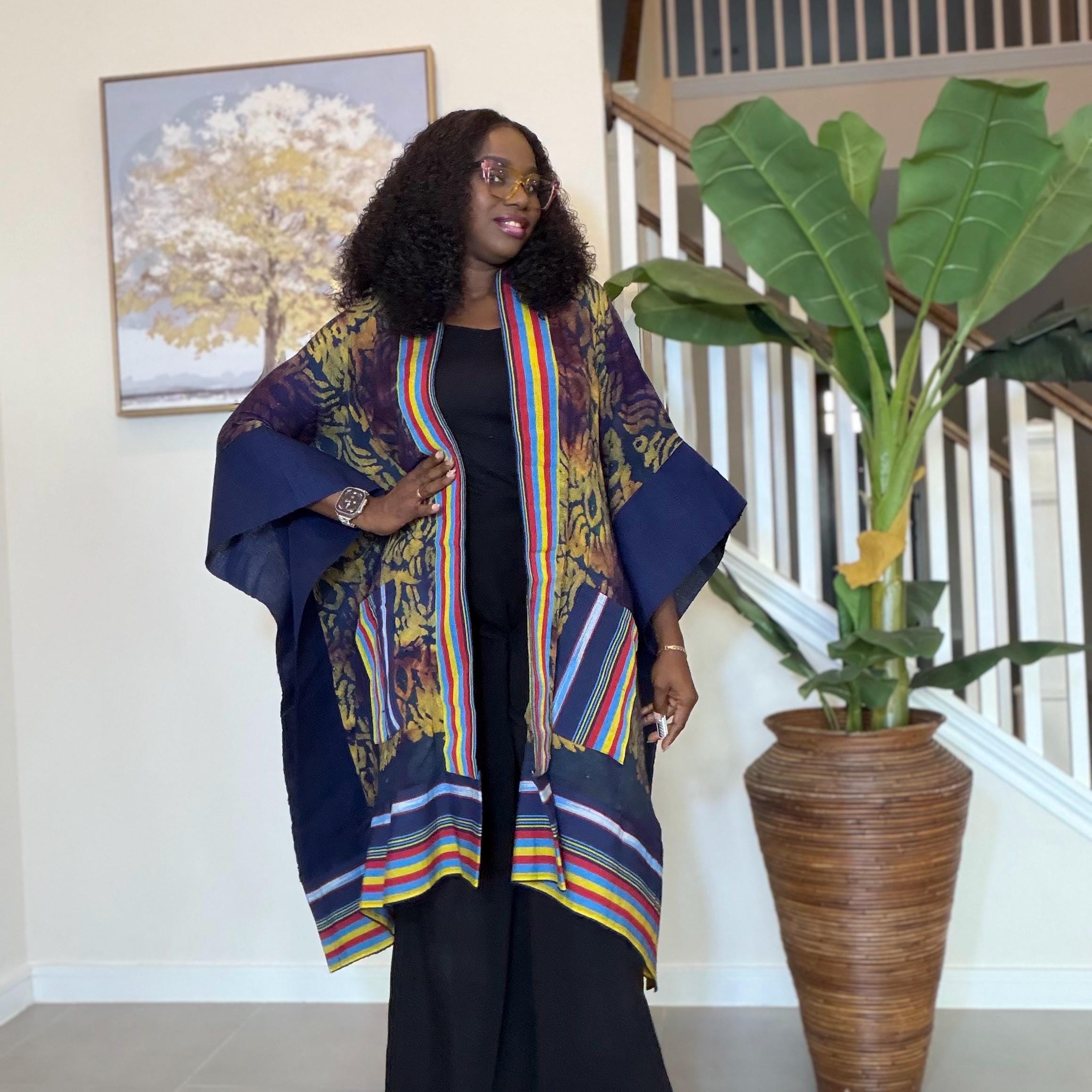 Handmade African Adire Aso Oke Kimono: Boho Print Robe