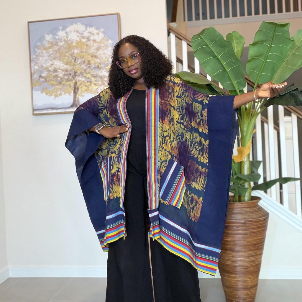 Handmade African Adire Aso Oke Kimono: Boho Print Robe