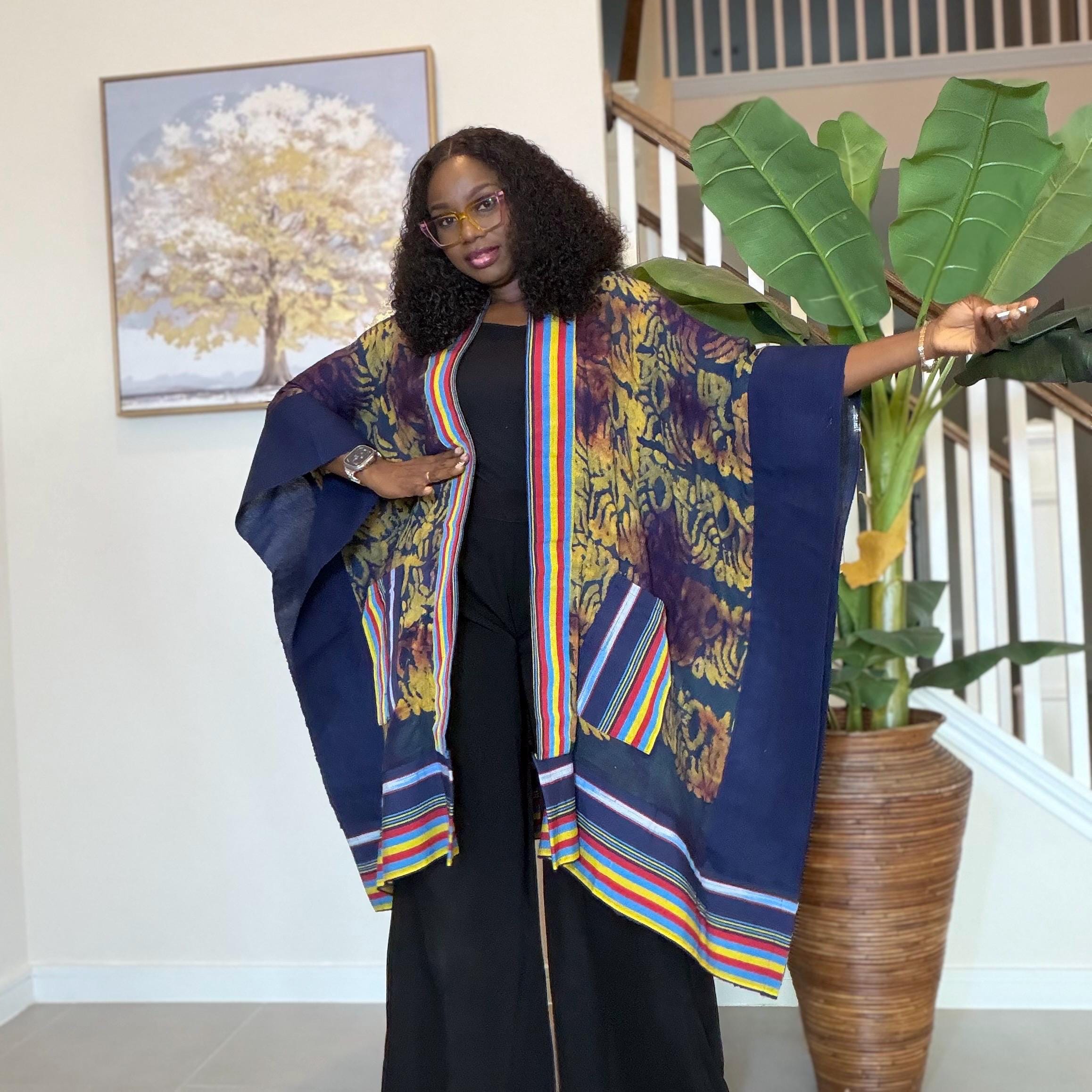 Handmade African Adire Aso Oke Kimono: Boho Print Robe