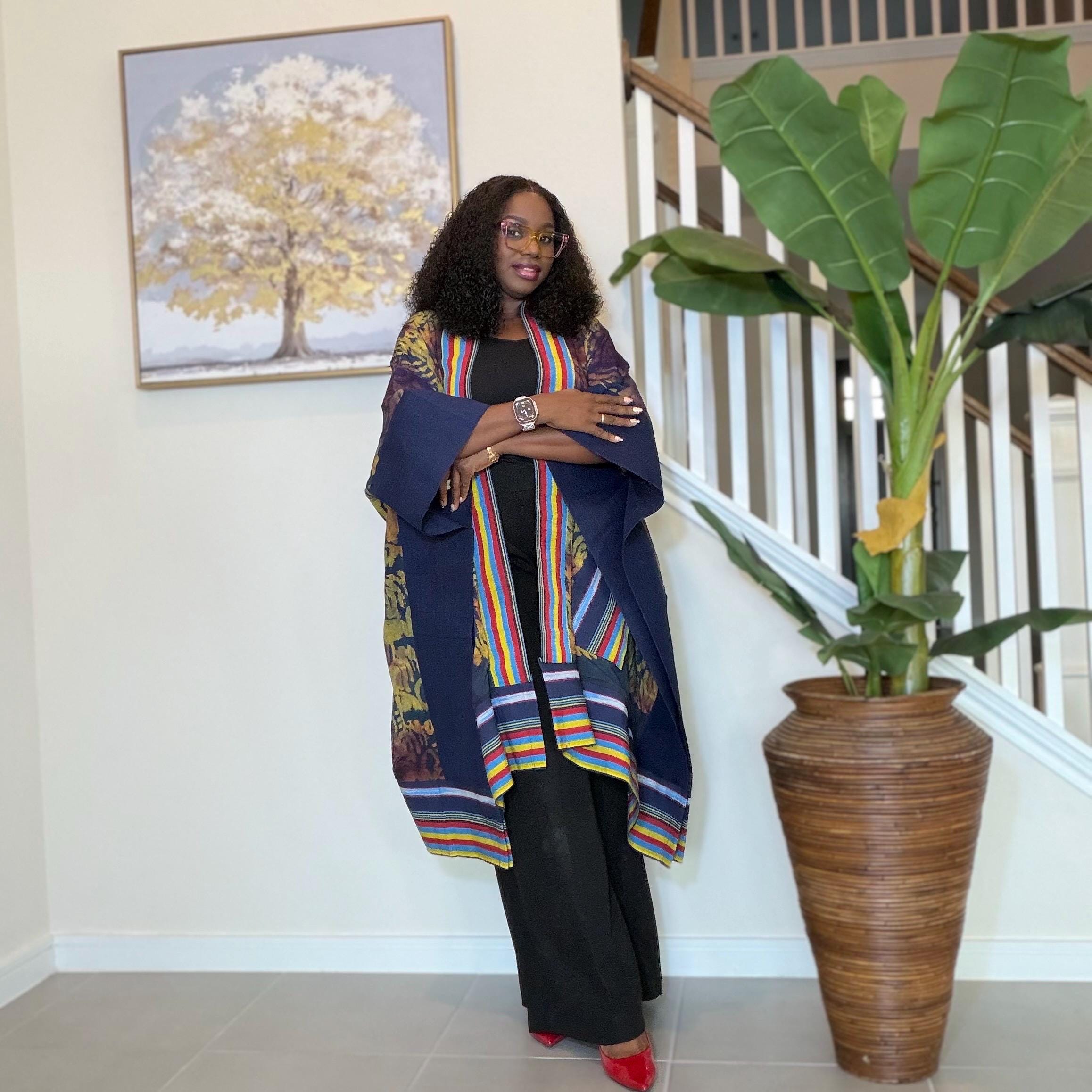Handmade African Adire Aso Oke Kimono: Boho Print Robe