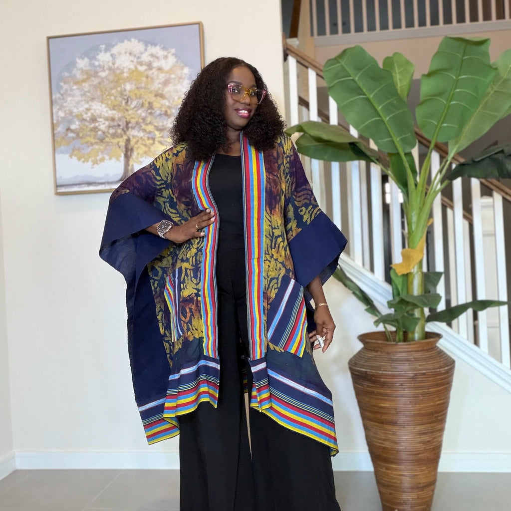 Handmade African Adire Aso Oke Kimono: Boho Print Robe