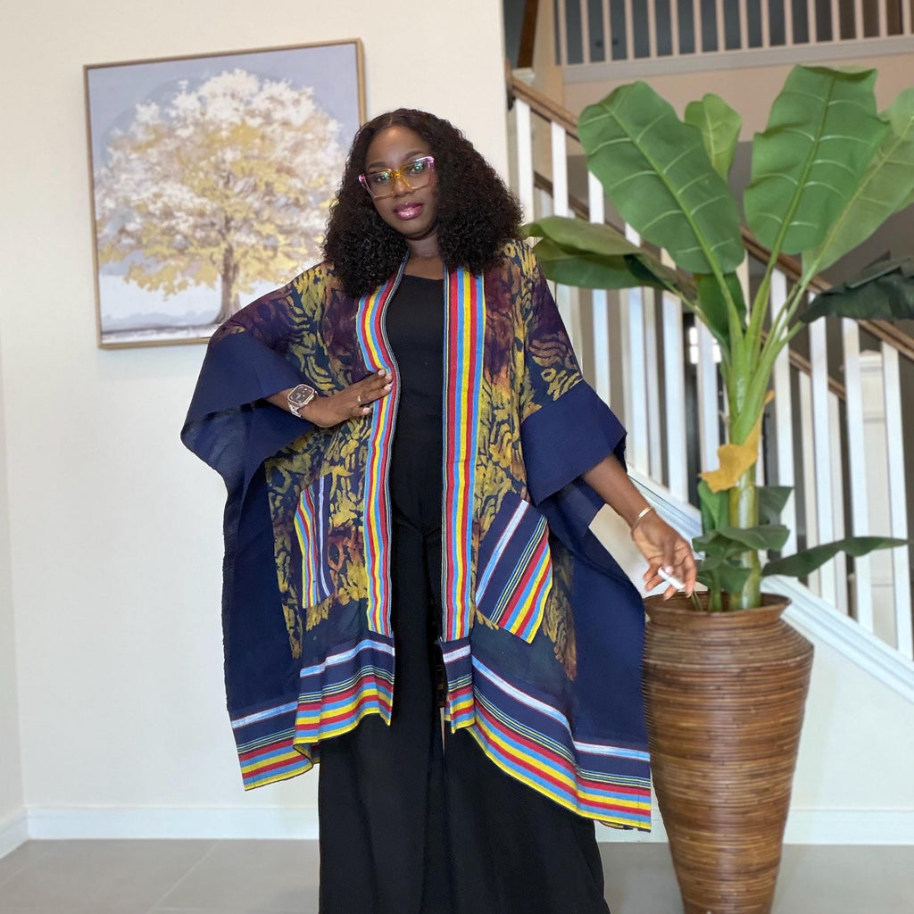 Handmade African Adire Aso Oke Kimono: Boho Print Robe