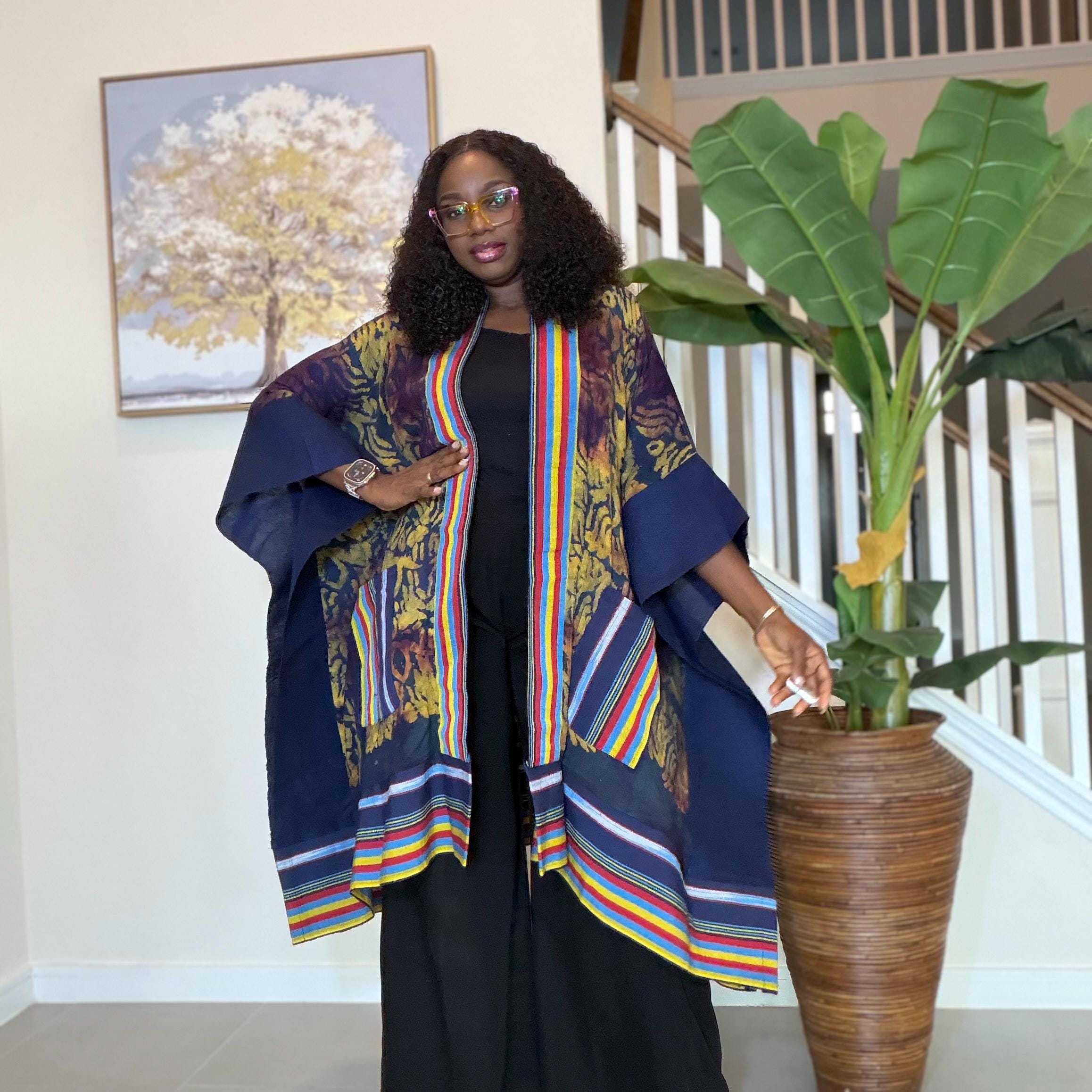 Handmade African Adire Aso Oke Kimono: Boho Print Robe