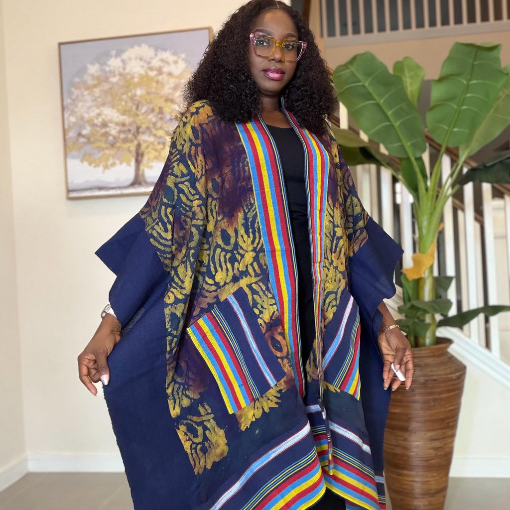 Handmade African Adire Aso Oke Kimono: Boho Print Robe