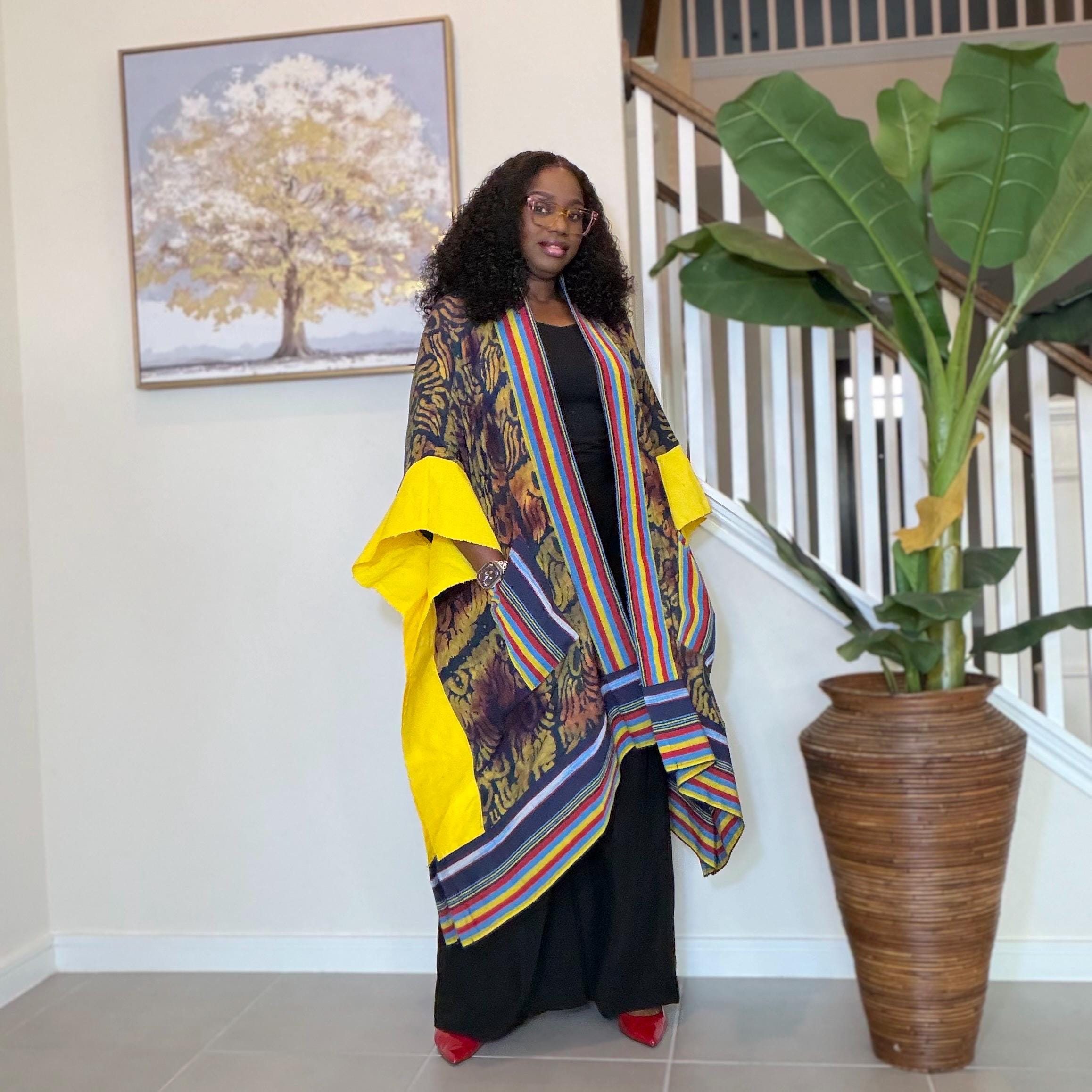 African Adire and Aso Oke Kimono | African jackets for women, African Kimono | African fashion | Handmade African Print Robe | Boho Nigerian