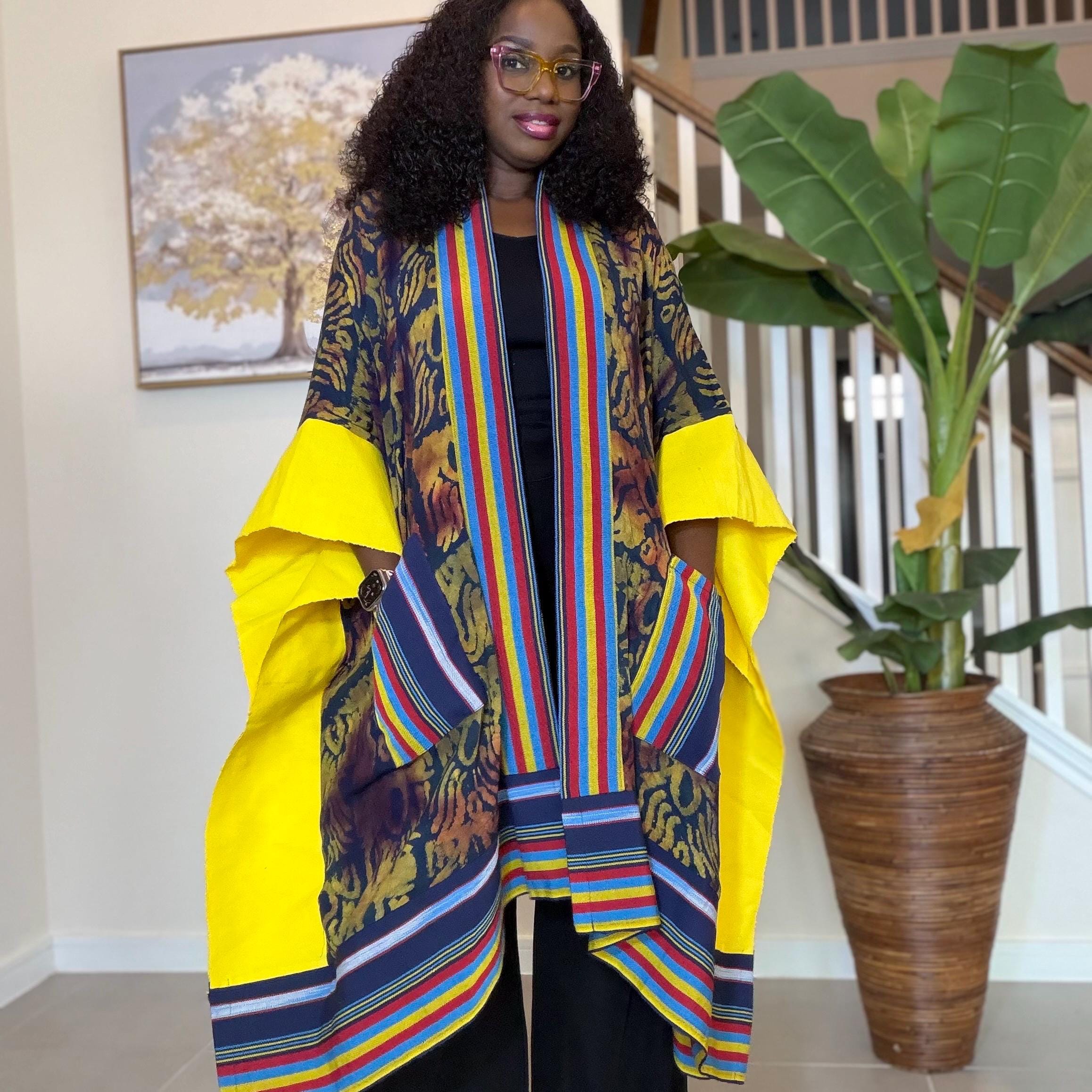 African Adire and Aso Oke Kimono | African jackets for women, African Kimono | African fashion | Handmade African Print Robe | Boho Nigerian