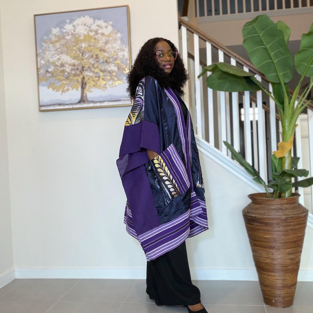 Handmade African Print Kimono: Adire Aso Oke Robe