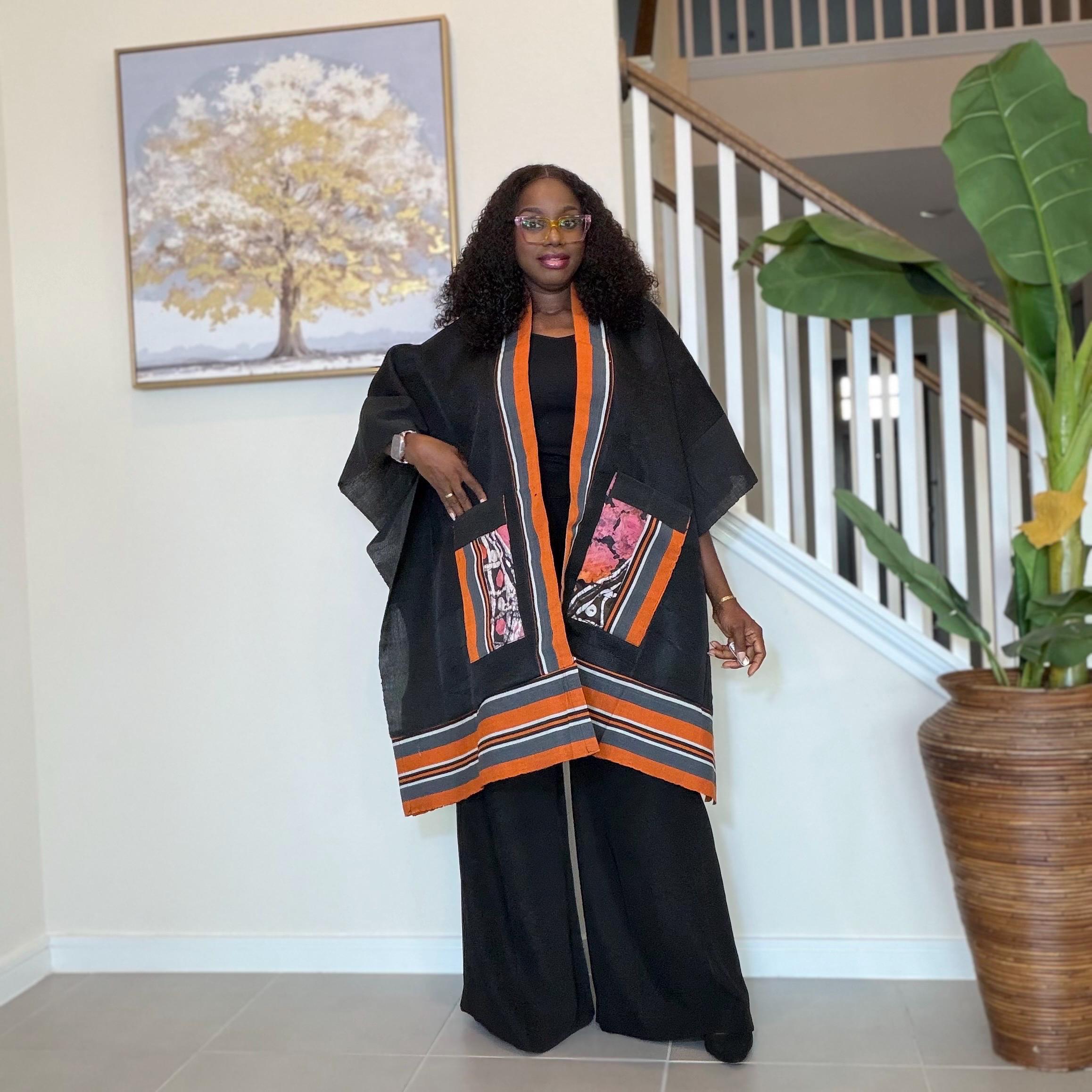 Handmade African Print Kimono: Adire Aso Oke Robe