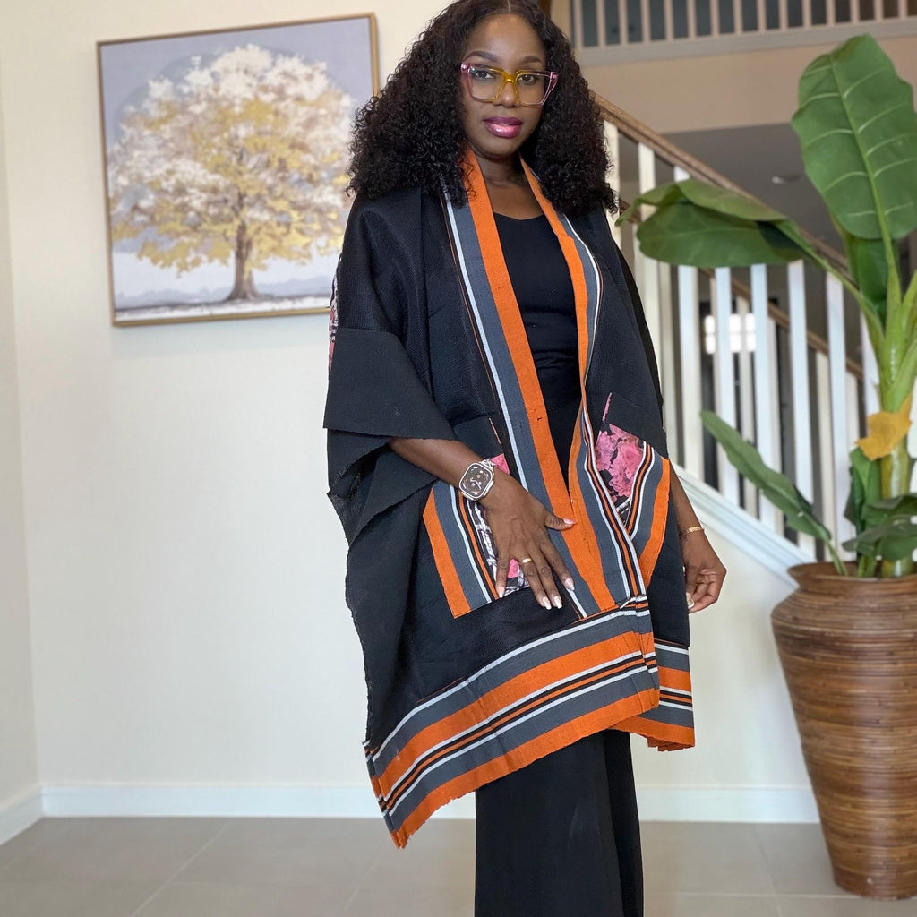 Handmade African Print Kimono: Adire Aso Oke Robe