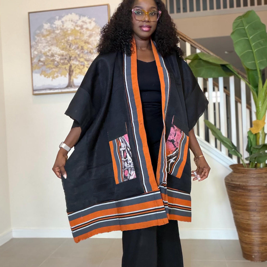Handmade African Print Kimono: Adire Aso Oke Robe