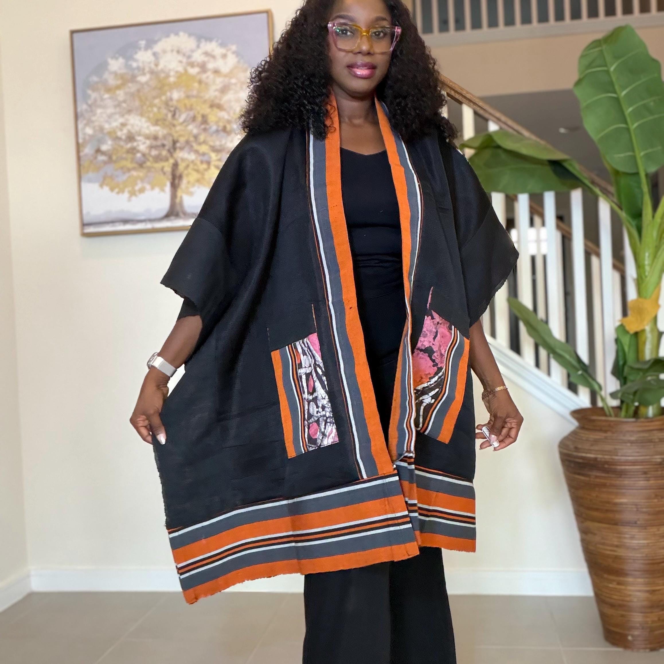 Handmade African Print Kimono: Adire Aso Oke Robe