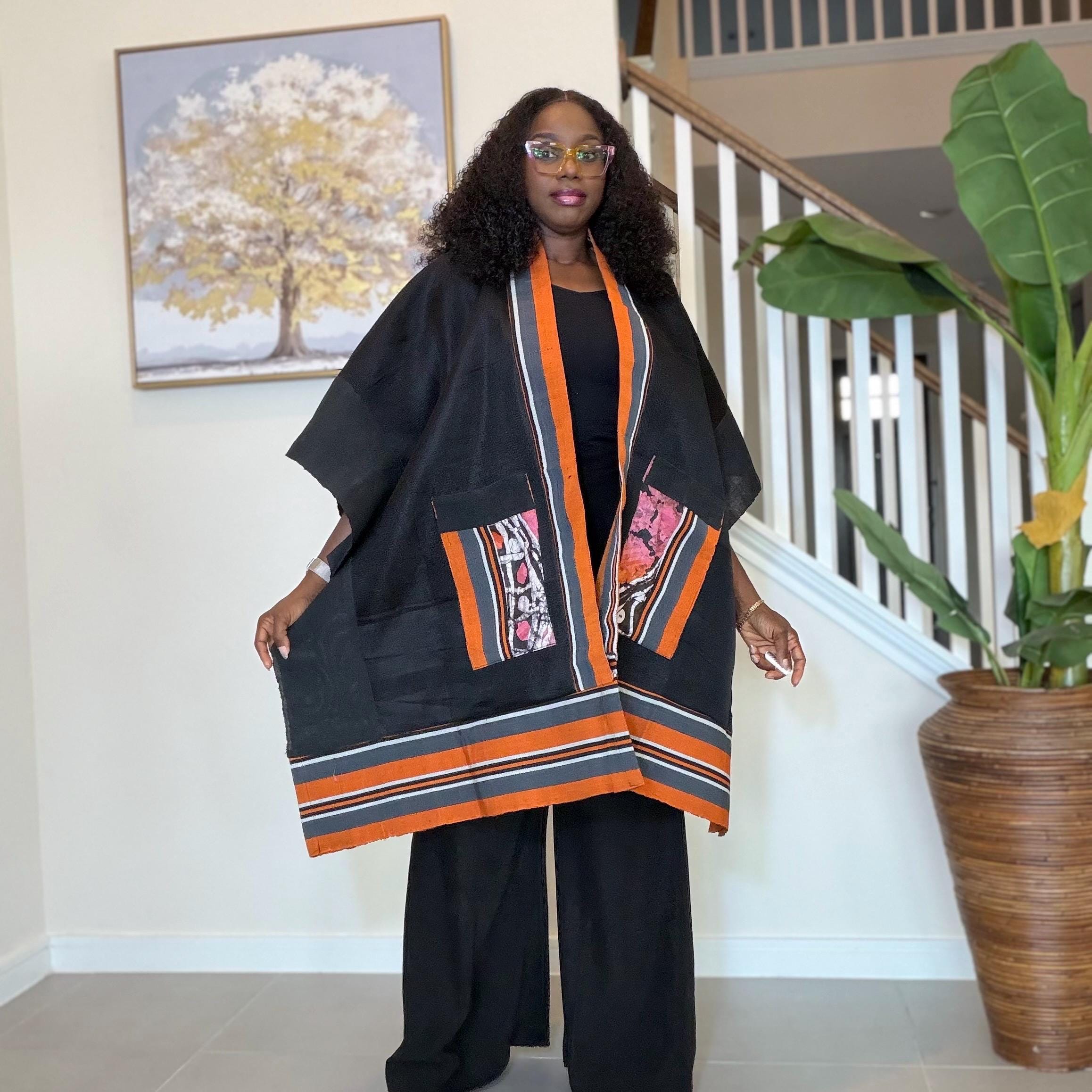 Handmade African Print Kimono: Adire Aso Oke Robe