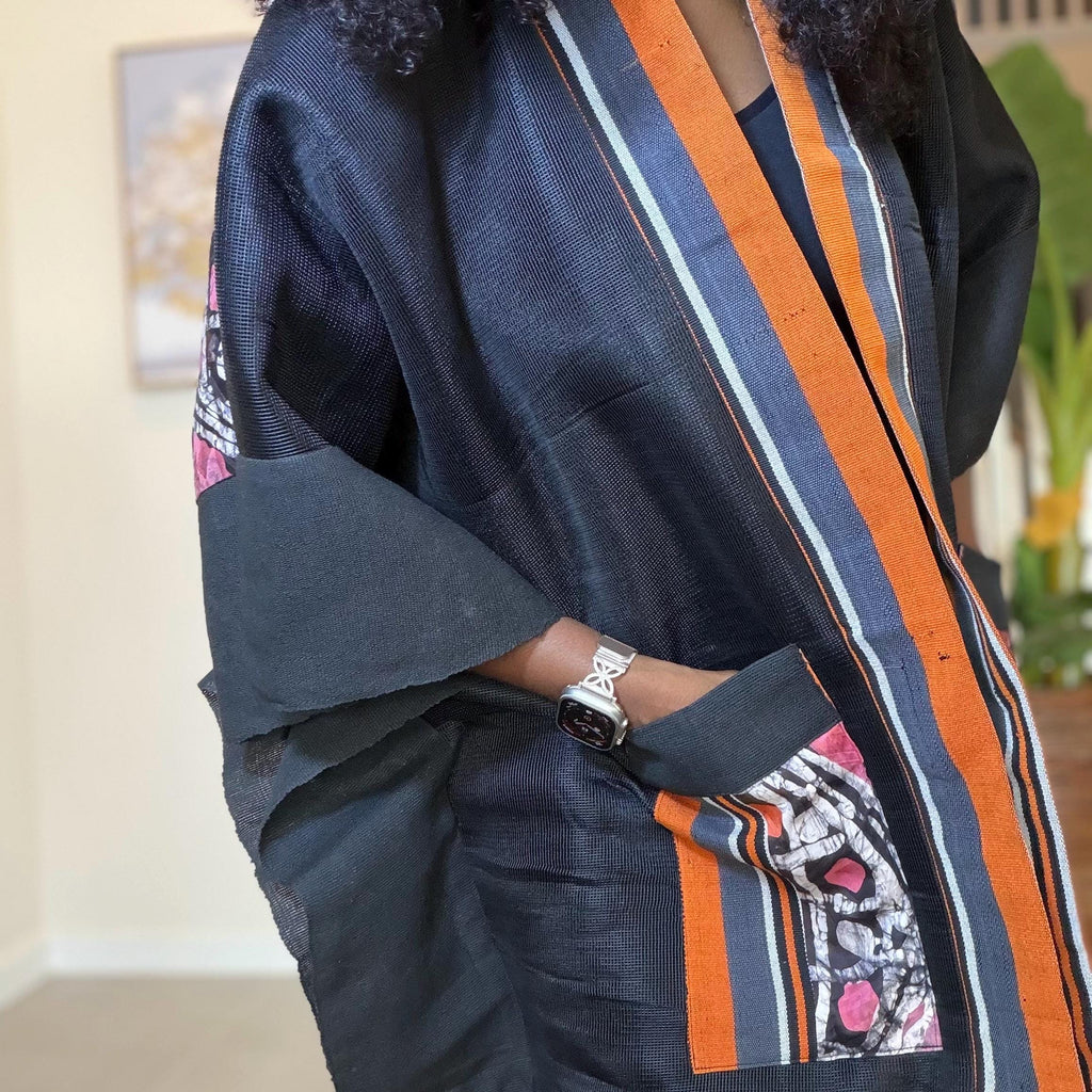 Handmade African Print Kimono: Adire Aso Oke Robe